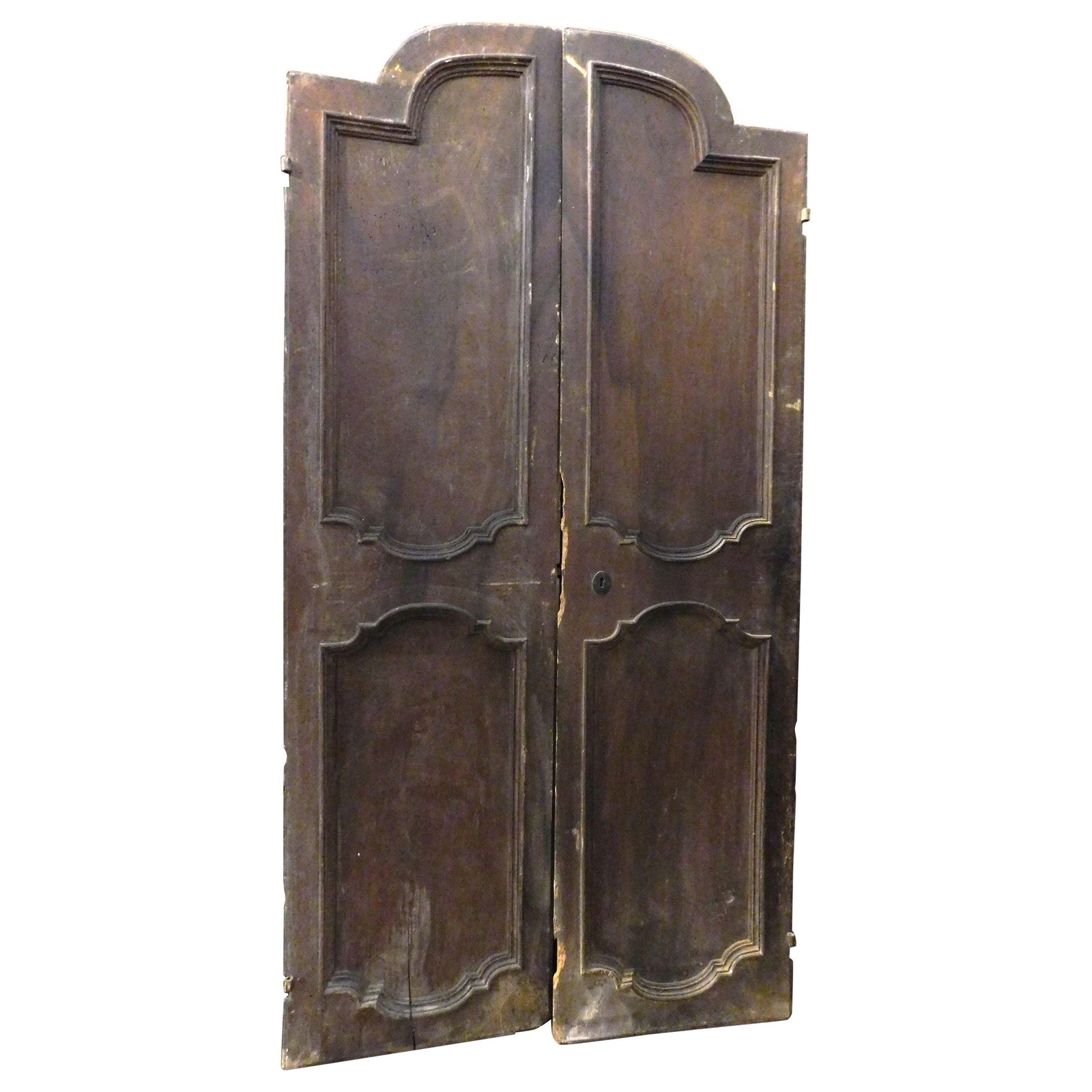 Walnut Wood Door Arched, Two Leaves With Carved Panels, Italy