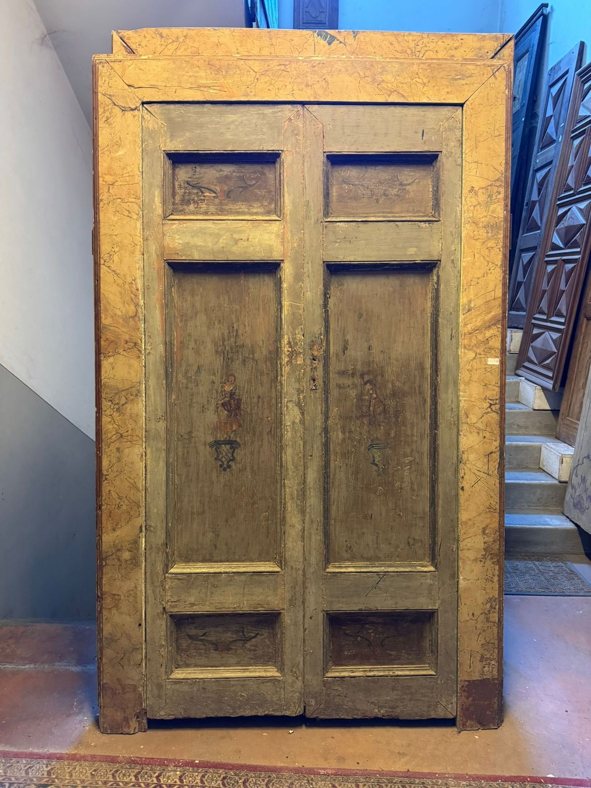 Set Of 2 Doors Similar In Size, Painted Figurines And Lacquered Frame, Italy photo furniture
