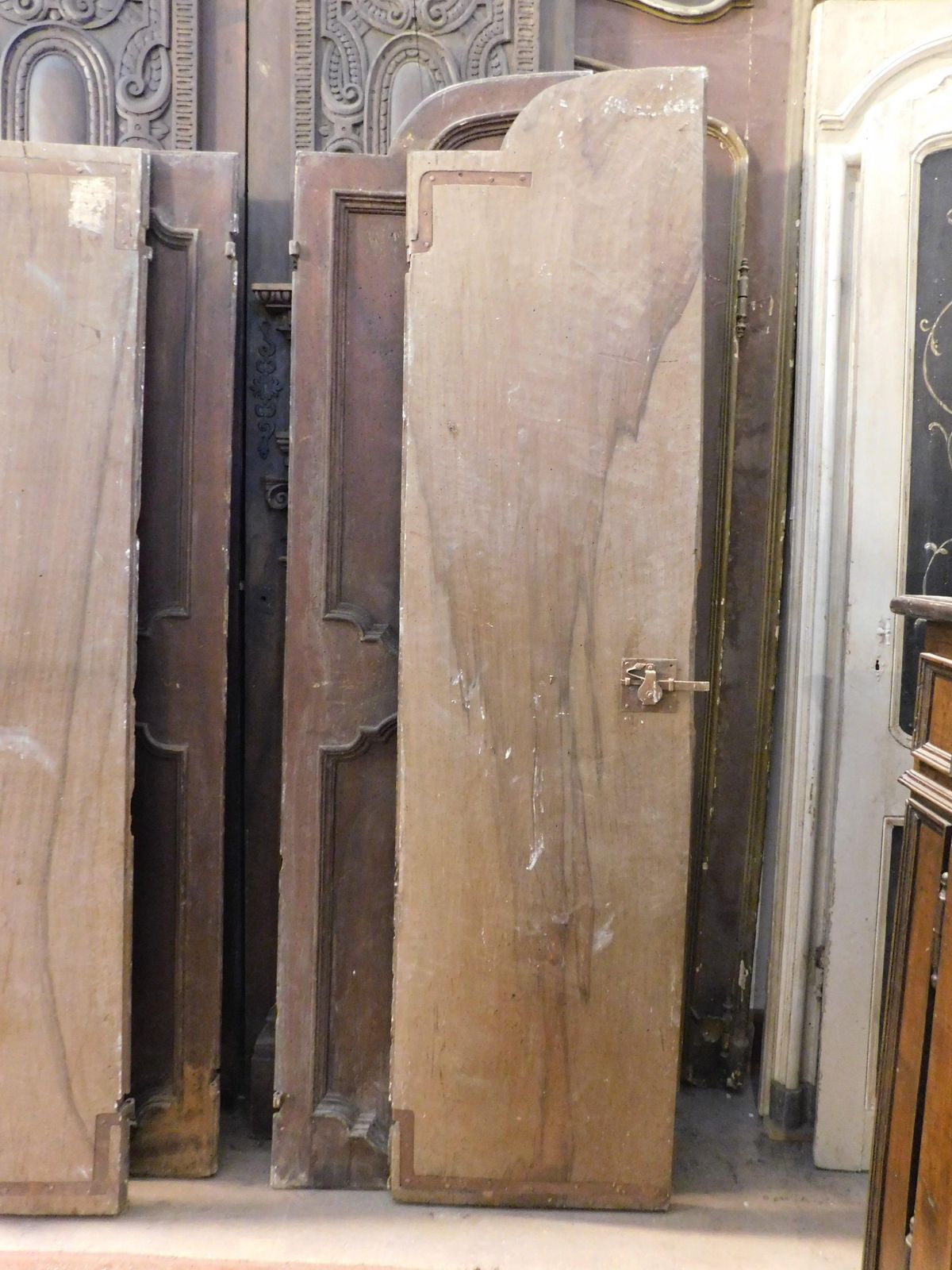 Walnut Wood Door Arched, Two Leaves With Carved Panels, Italy photo vintage