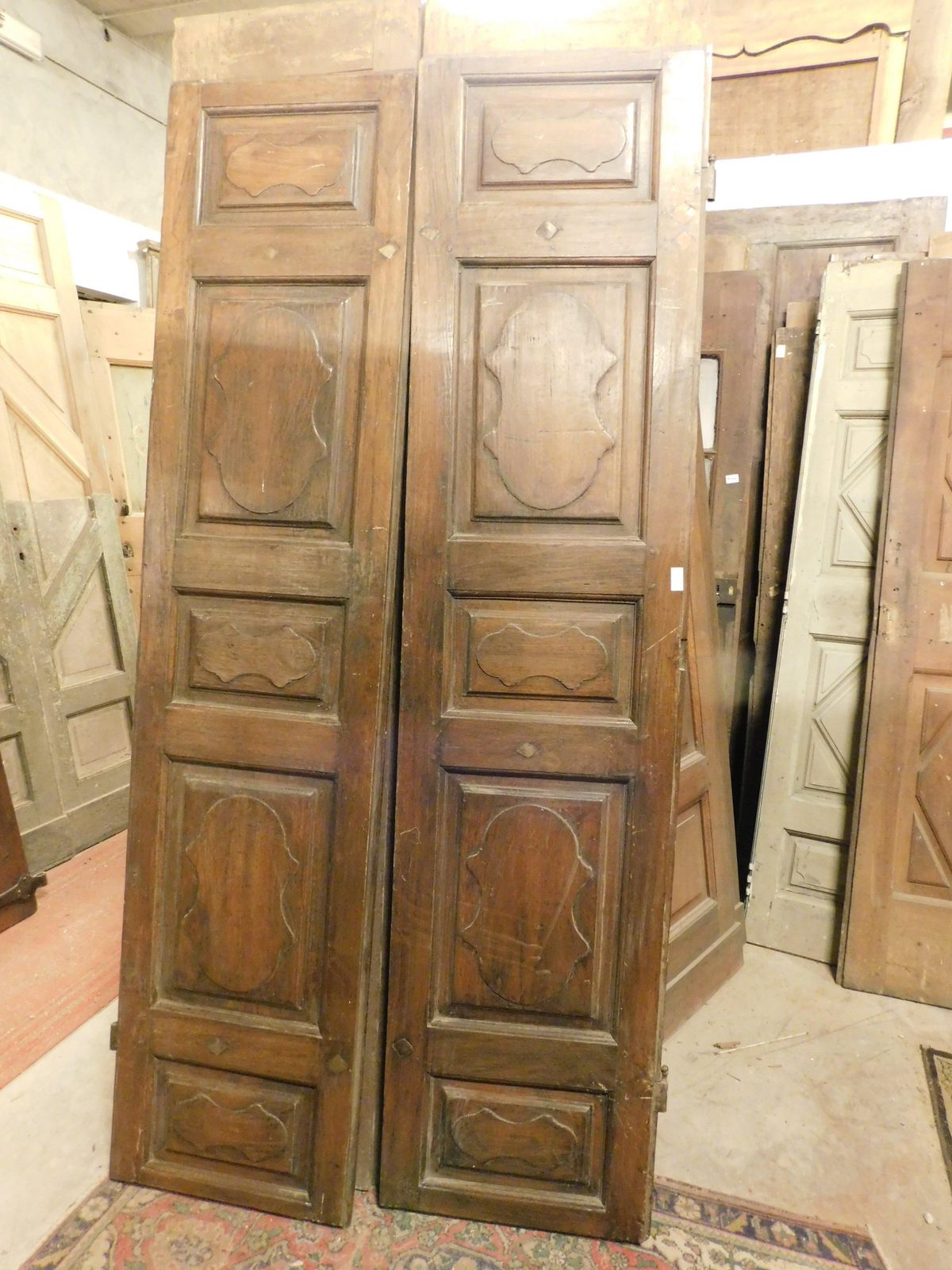 Interior Door In Walnut Wood, Two Leaves With Carved Panels, Italy photo for sale
