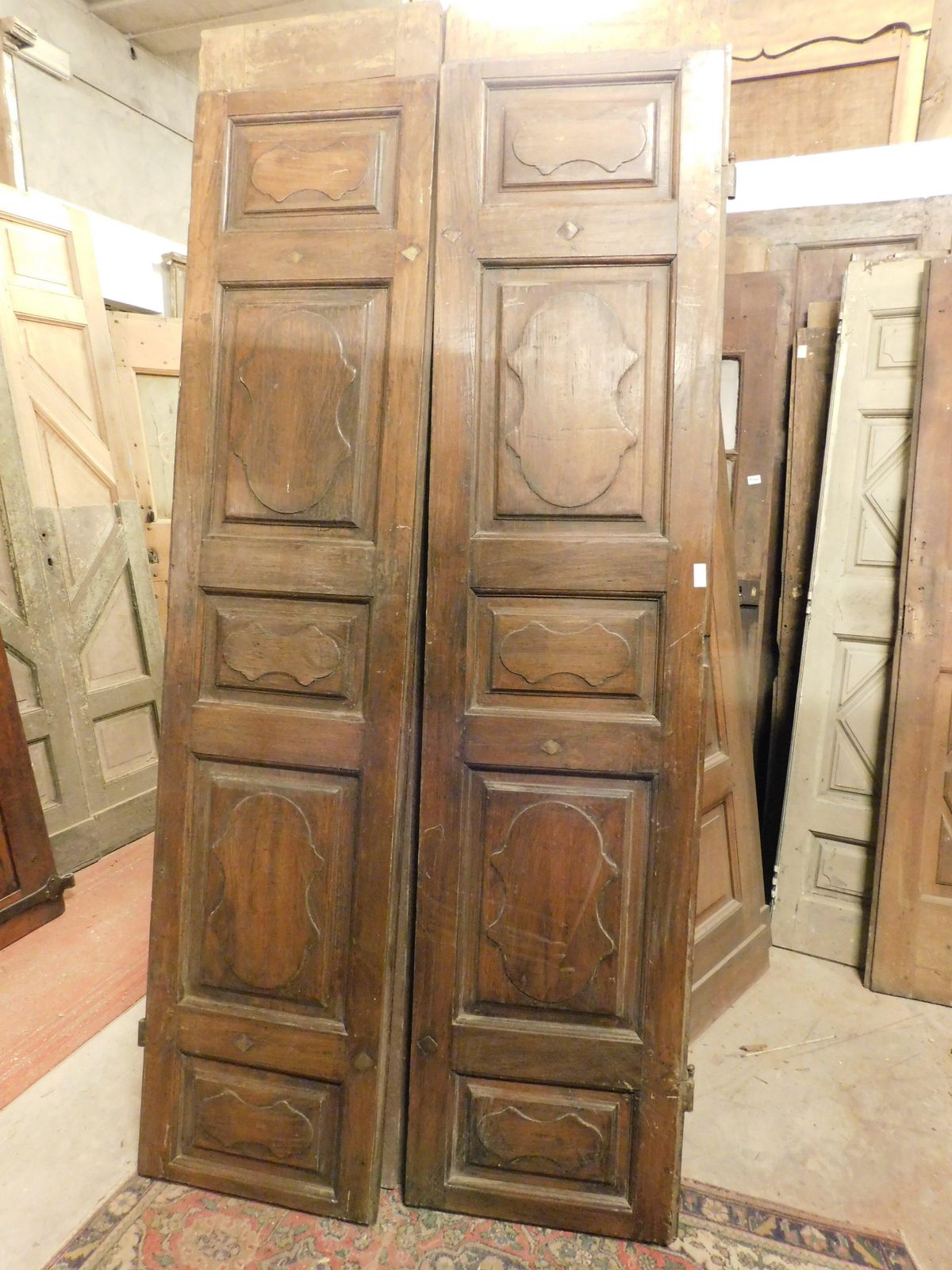 Interior Door In Walnut Wood, Two Leaves With Carved Panels, Italy photo 3185.0