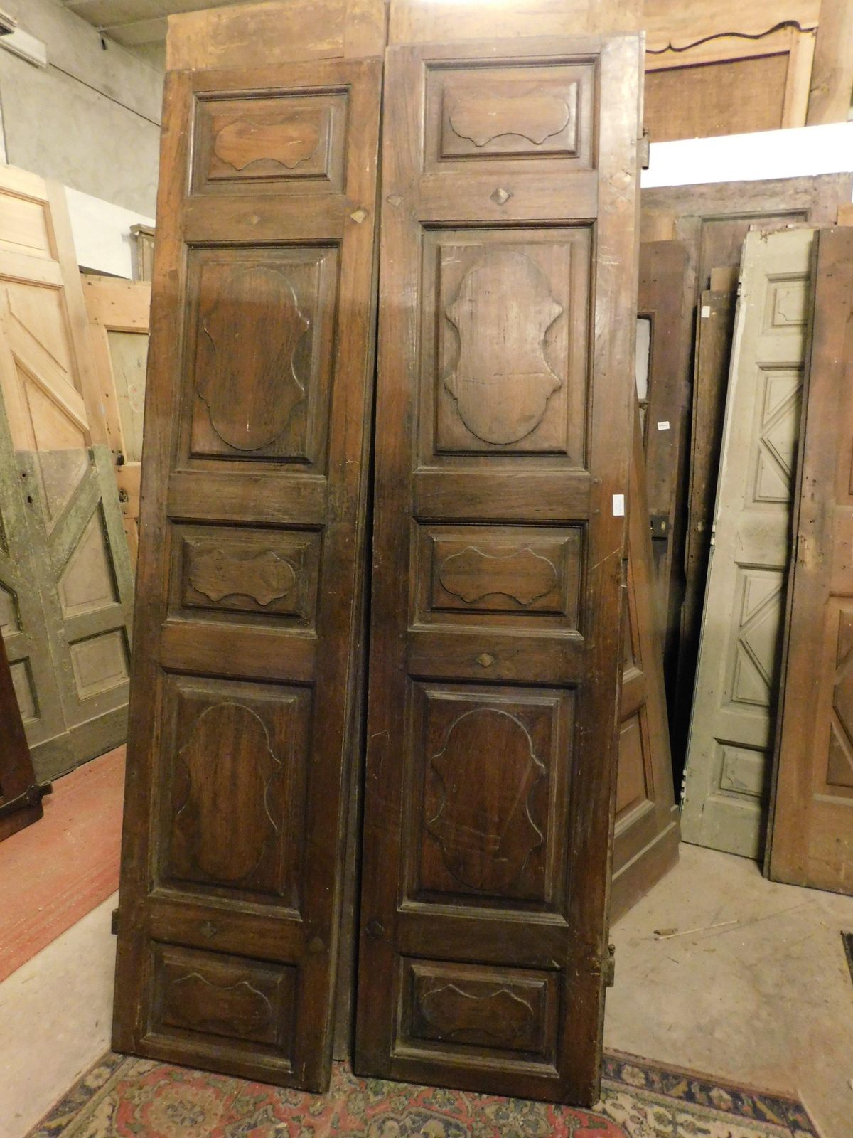 Interior Door In Walnut Wood, Two Leaves With Carved Panels, Italy photo vinterior