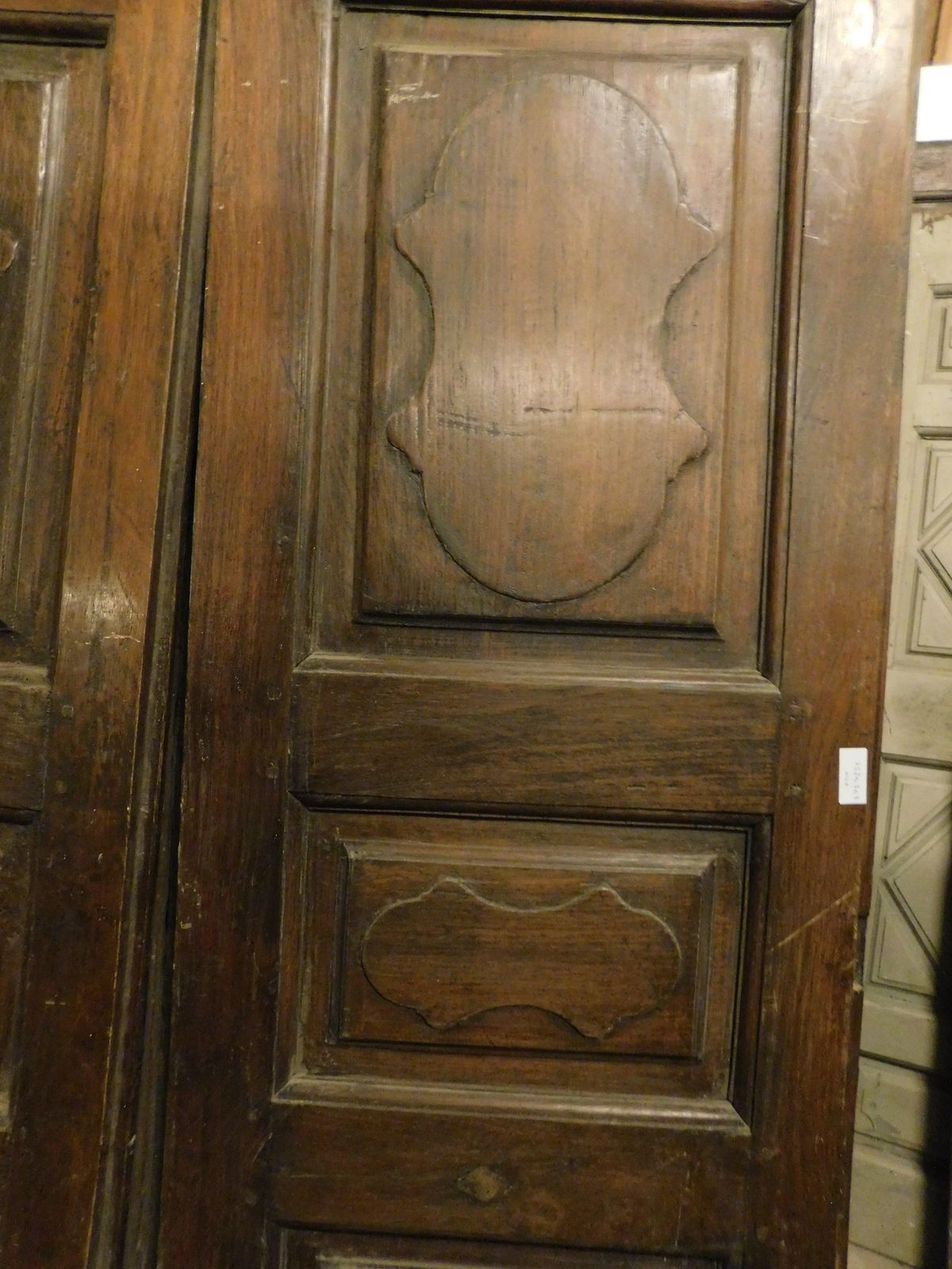 Interior Door In Walnut Wood, Two Leaves With Carved Panels, Italy photo buy