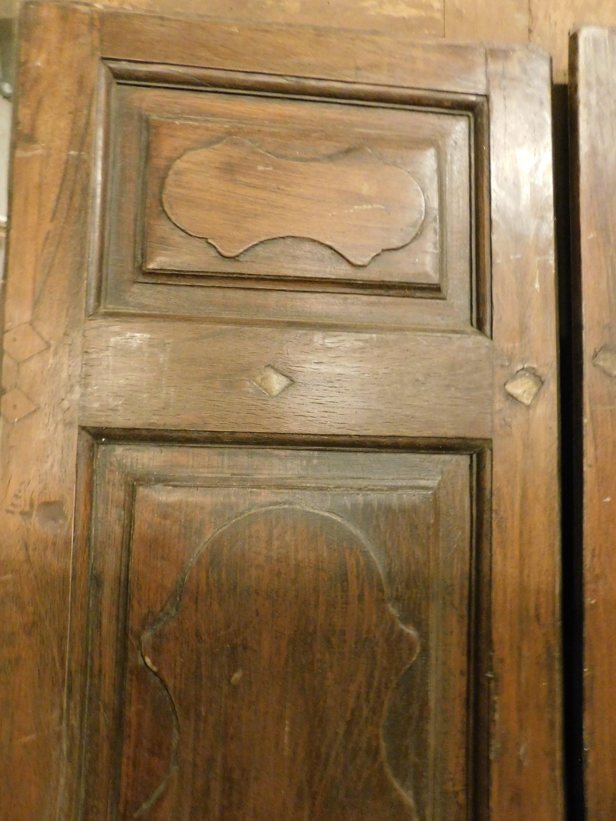 Interior Door In Walnut Wood, Two Leaves With Carved Panels, Italy photo vintage