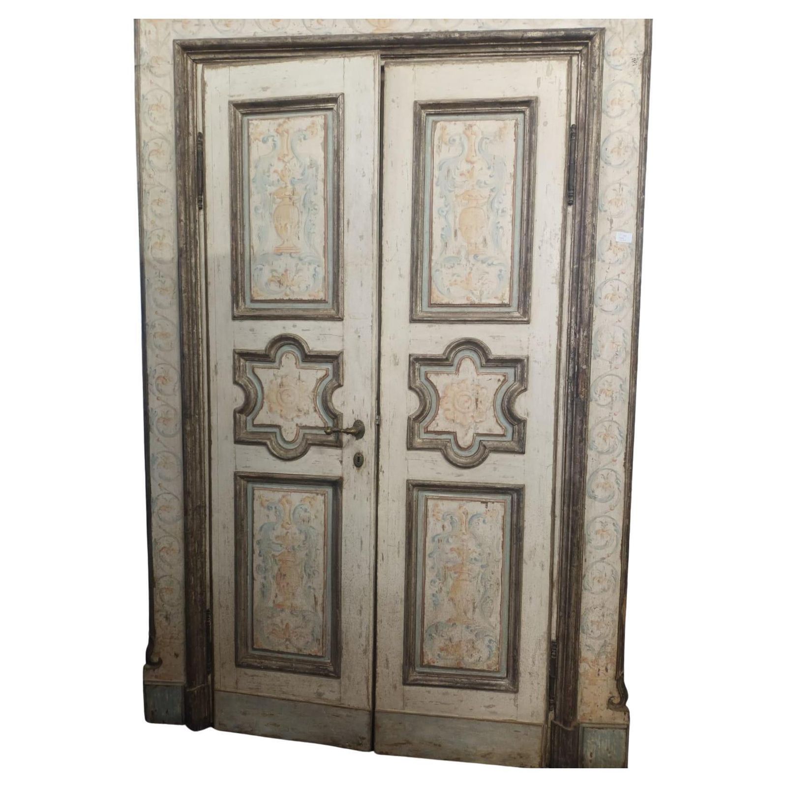 N.2 Lacquered Wooden Doors, Two Leaves With Carved And Painted Panels, Italy photo furniture