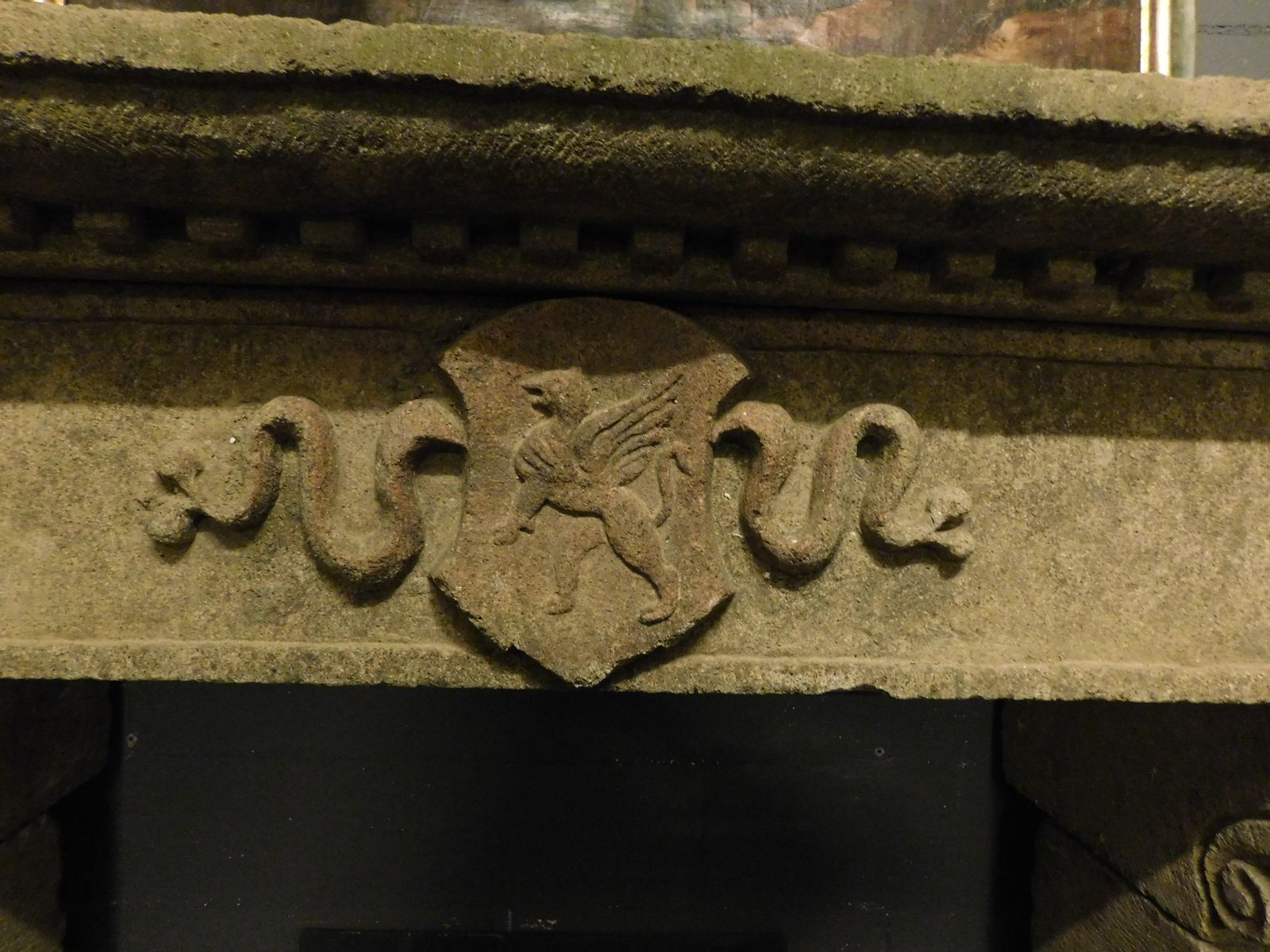 Piperino Stone Mantle Fireplace, Carved With Coat Of Arms, Rome Italy photo buy