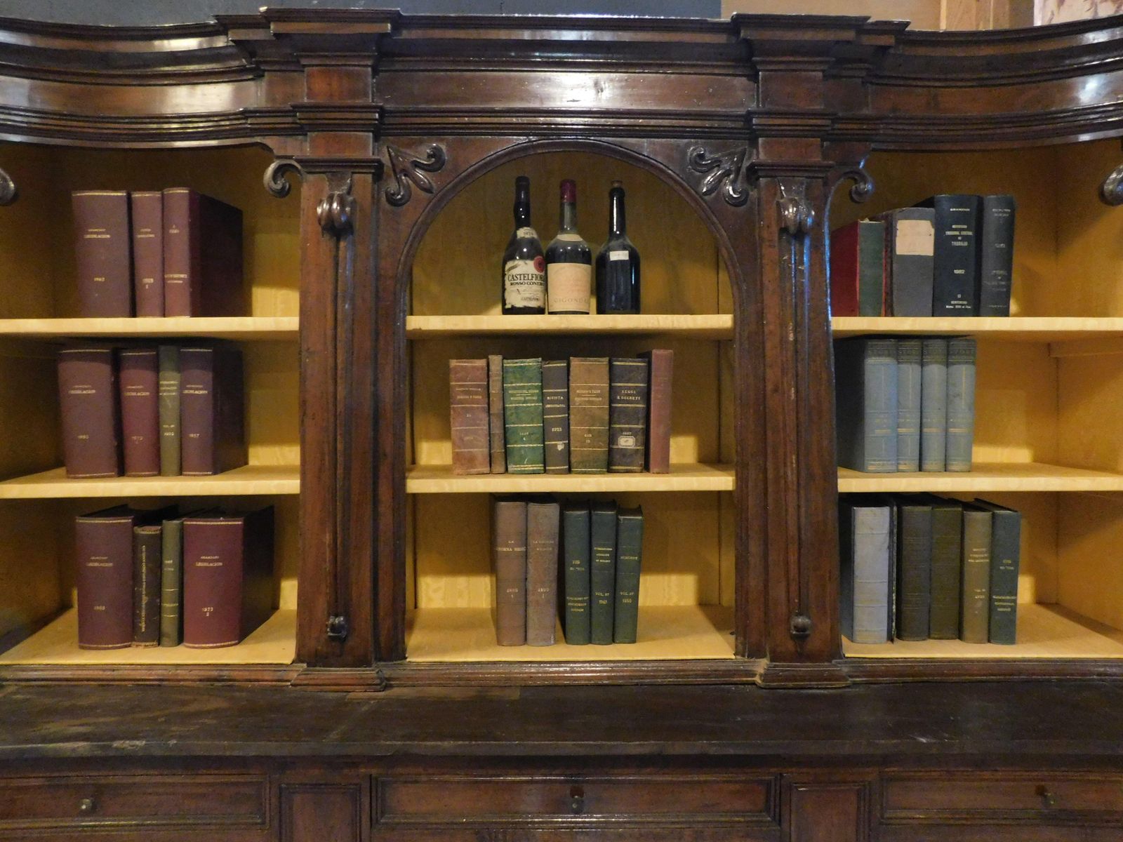 Walnut Bookcase With Carved Columns, Doors And Open Shelves, Italy photo vinterior