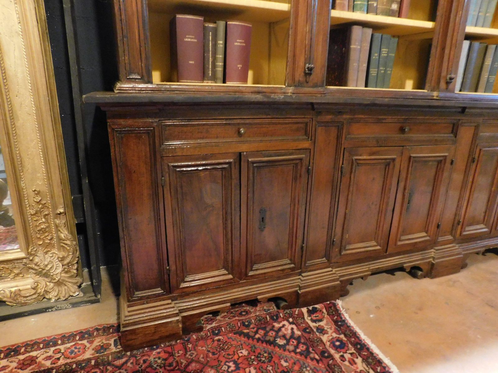 Walnut Bookcase With Carved Columns, Doors And Open Shelves, Italy photo buy