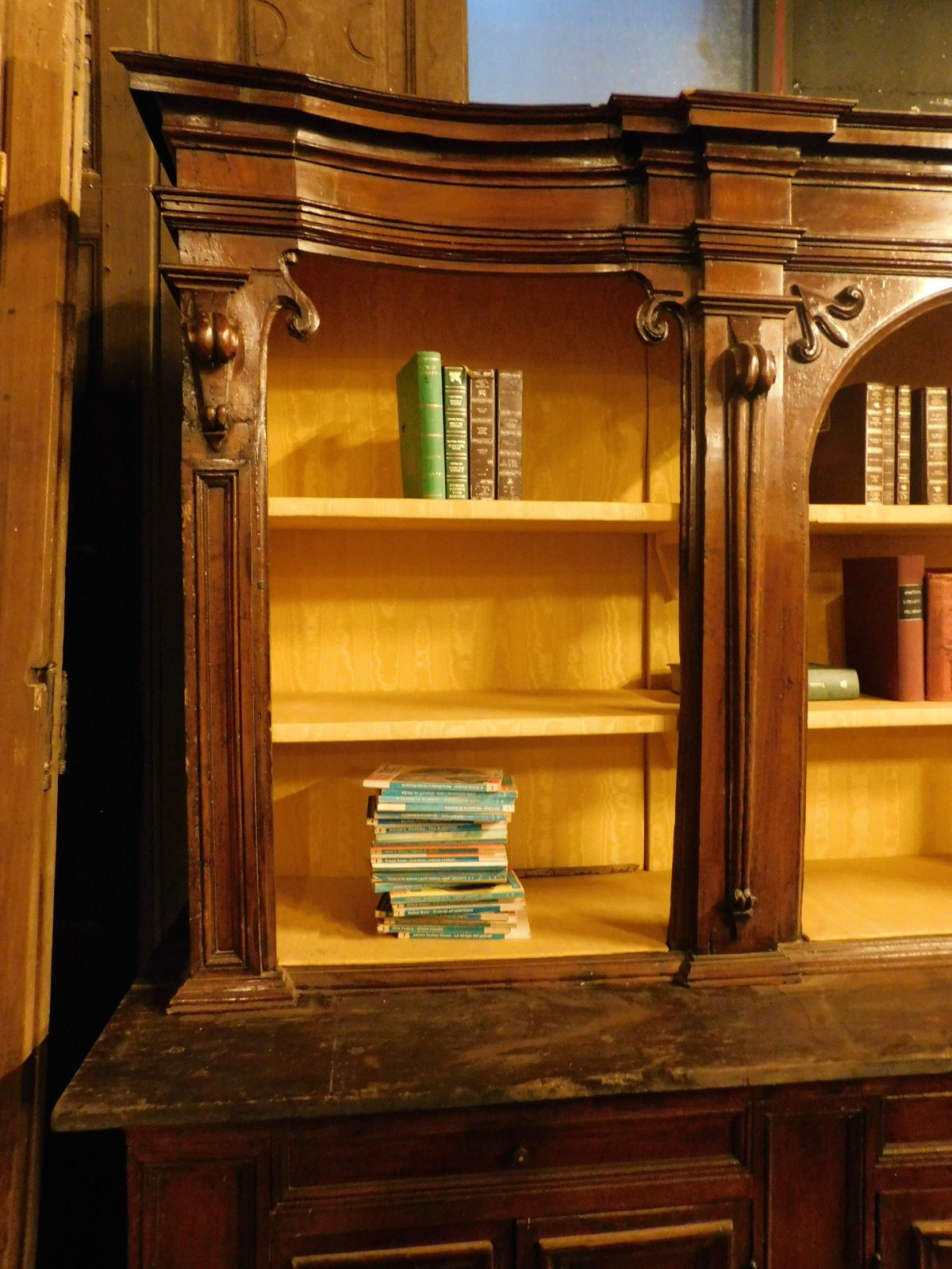 Walnut Bookcase With Carved Columns, Doors And Open Shelves, Italy photo vintage