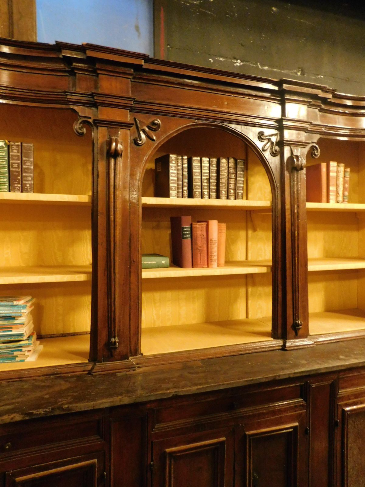 photo furniture Walnut Bookcase With Carved Columns, Doors And Open Shelves, Italy