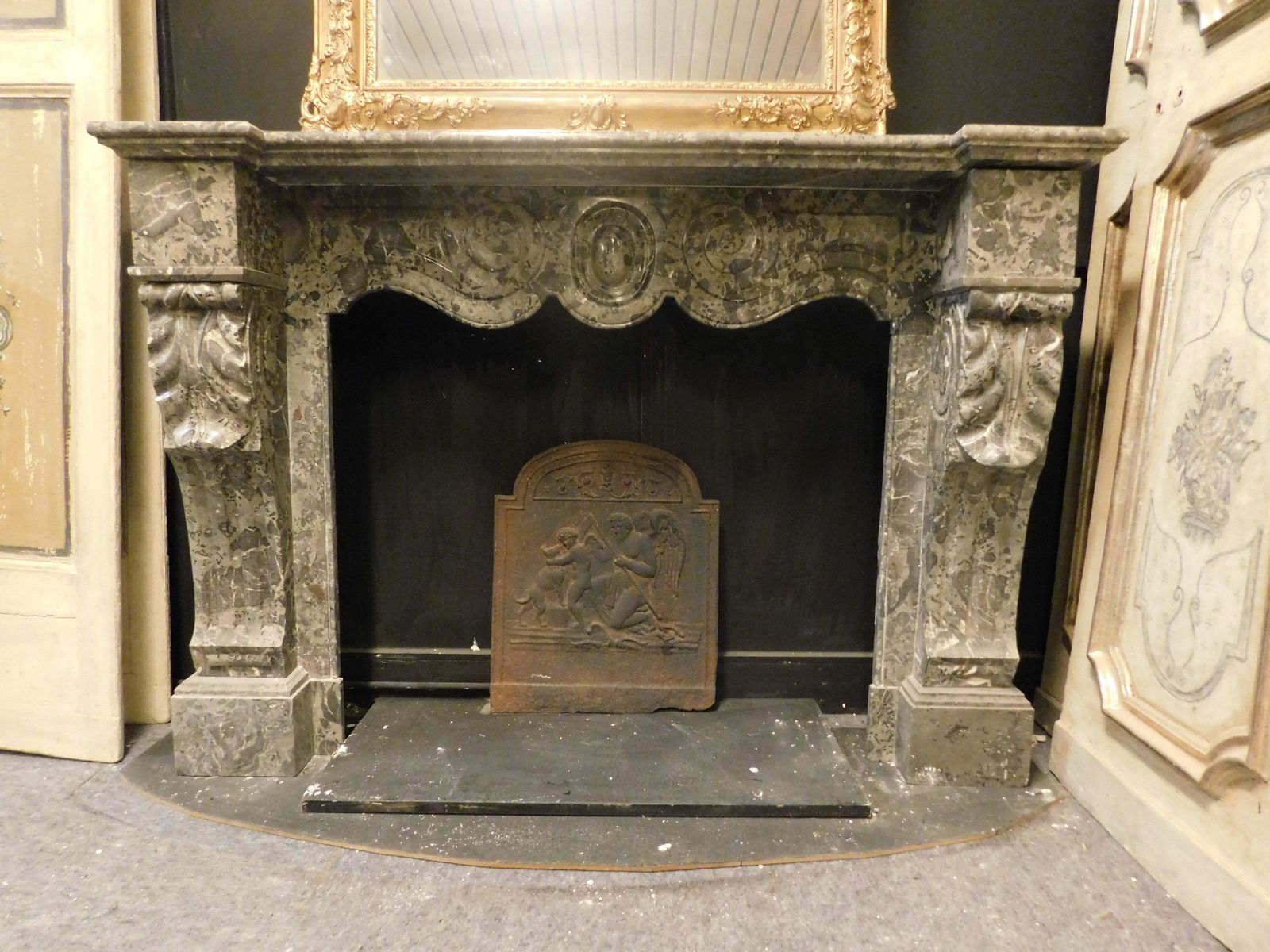 Mantle Fireplace In Grey Veined Marble, Carved And Wavy, Italy photo furniture