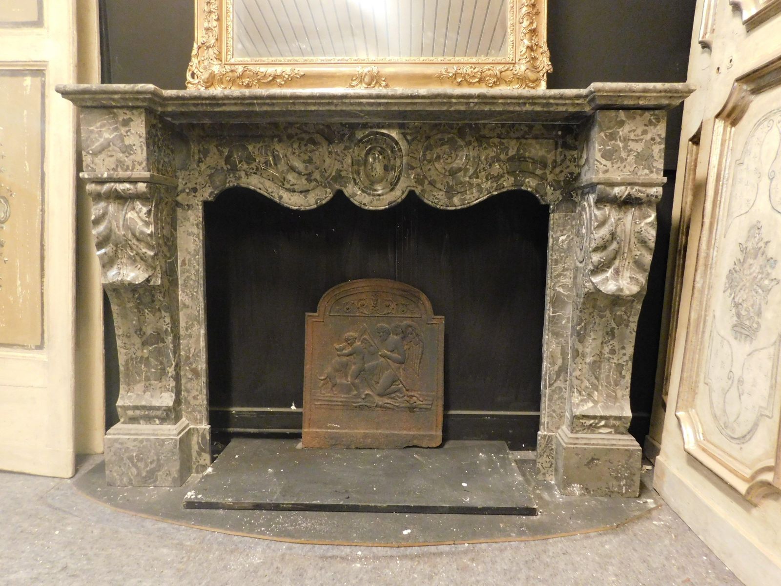 Mantle Fireplace In Grey Veined Marble, Carved And Wavy, Italy photo Home Fixtures