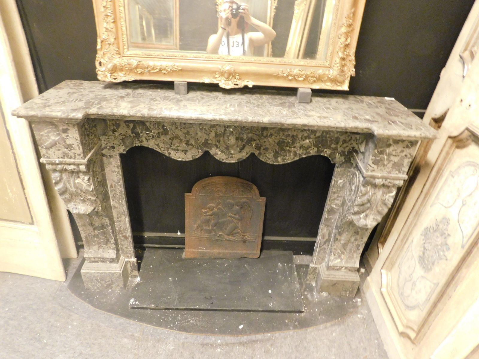 Mantle Fireplace In Grey Veined Marble, Carved And Wavy, Italy photo 3814.0