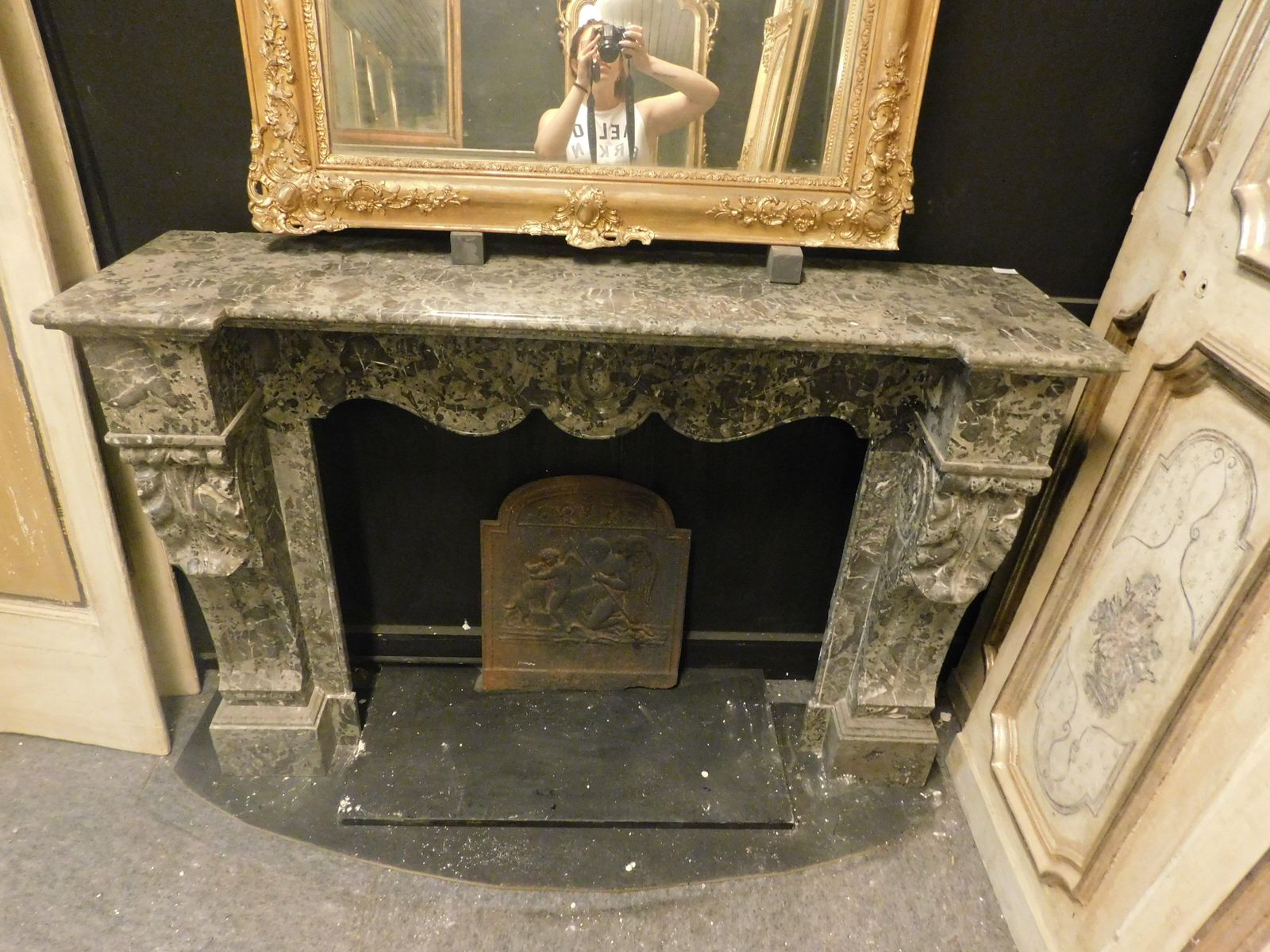 Mantle Fireplace In Grey Veined Marble, Carved And Wavy, Italy photo vinterior