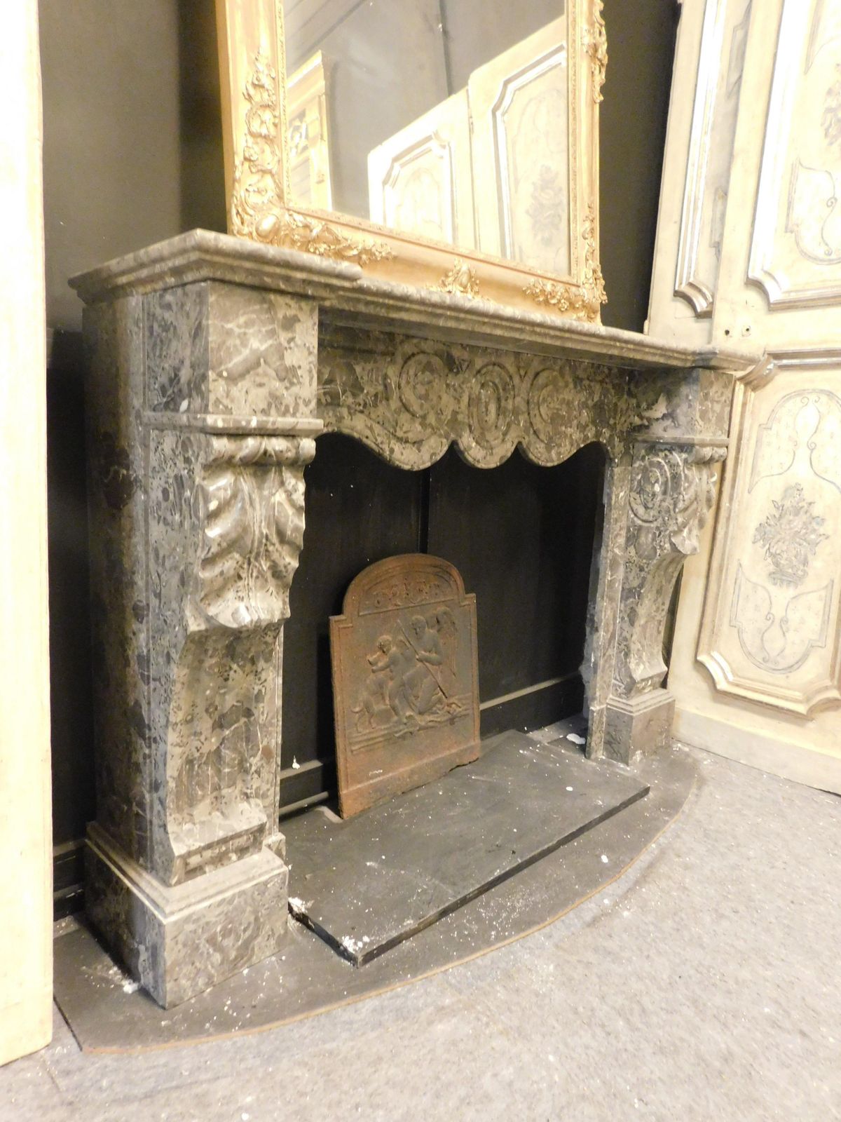 Mantle Fireplace In Grey Veined Marble, Carved And Wavy, Italy photo buy