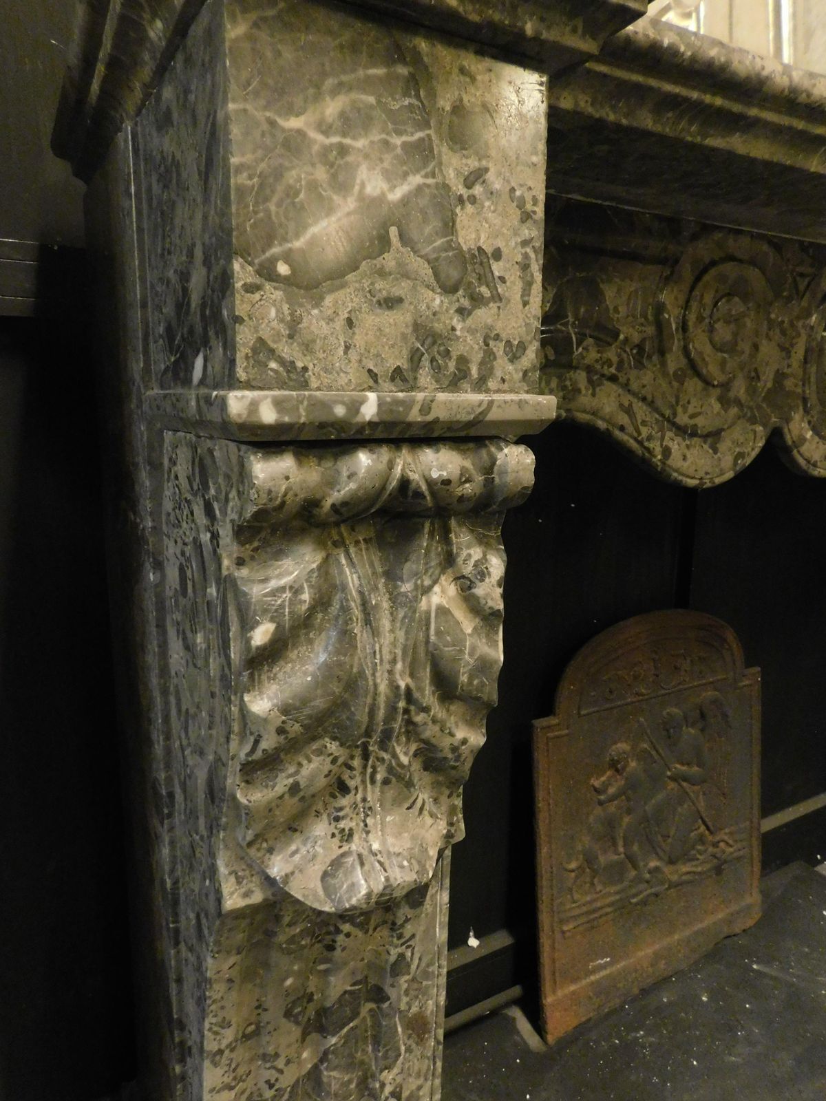Mantle Fireplace In Grey Veined Marble, Carved And Wavy, Italy photo vintage