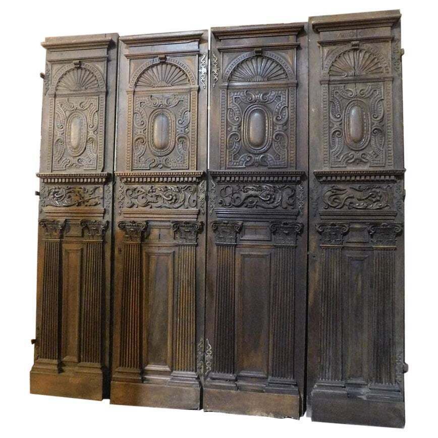 Set Of 2 Entrance Doors, Main Doors In Richly Carved Walnut Wood, Italy