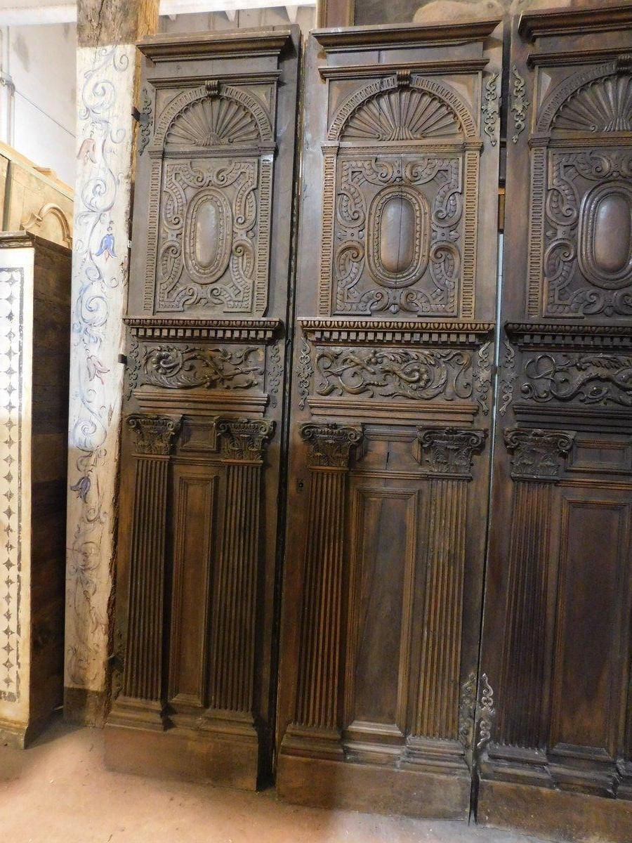 Set Of 2 Entrance Doors, Main Doors In Richly Carved Walnut Wood, Italy photo Home Fixtures