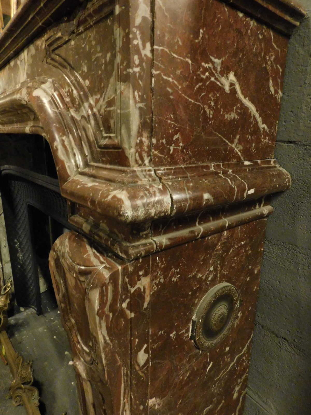 Mantle Fireplace, Carved In Veined Red Marble With Vents, France photo vintage