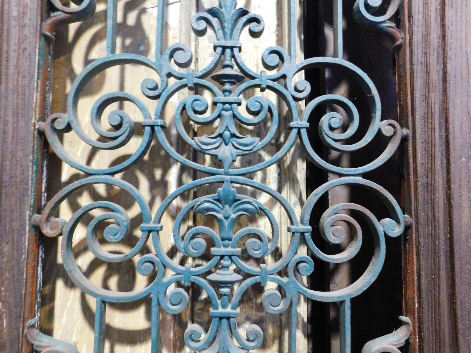 photo for sale Entrance Door, Main Door In Oak Wood, Two Doors, With Green Iron Grille, Italy
