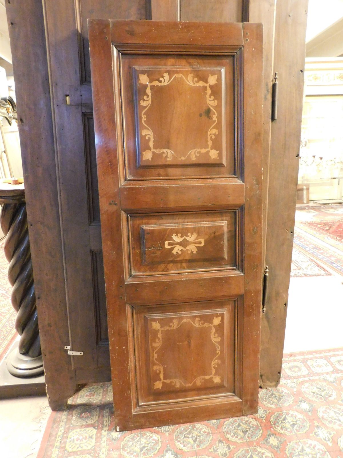 Door, Walnut Panel, Richly Inlaid In Light Wood, Italy photo for sale