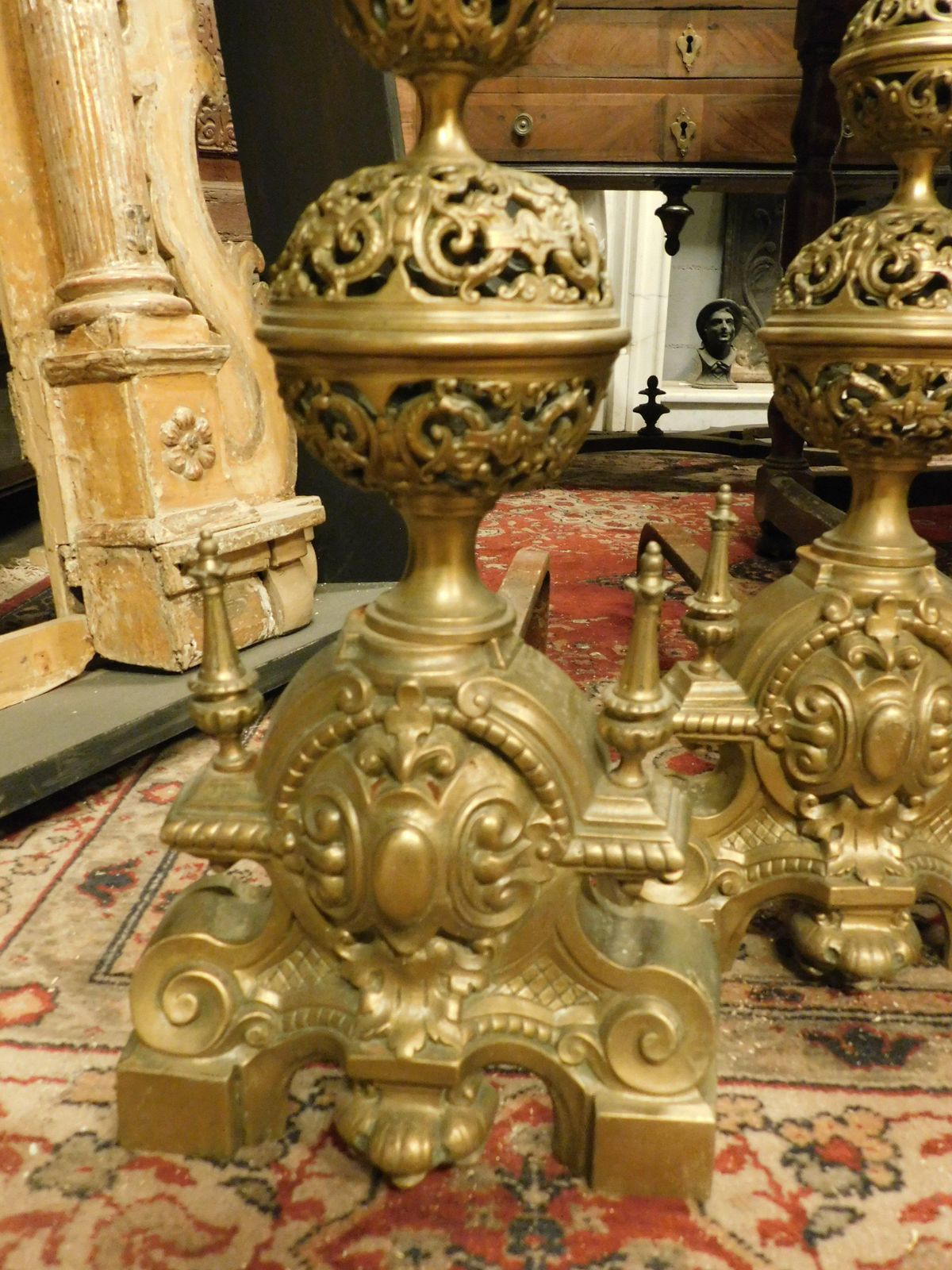 Pair Of Carved Andirons In Gilded And Chiseled Brass, France photo Home Fixtures