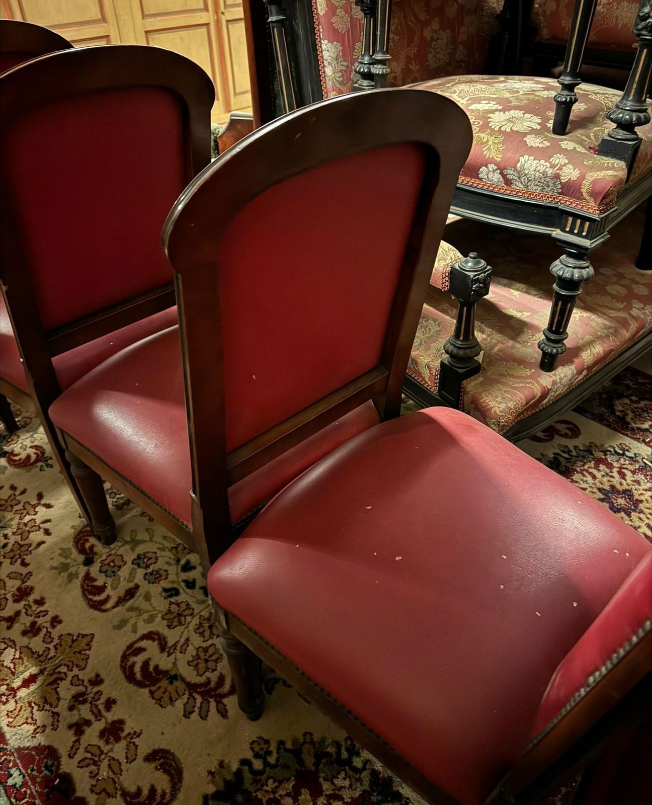 Set Of 6 Walnut Armchairs, Upholstered In Red Leather, From An Italian Theater photo buy
