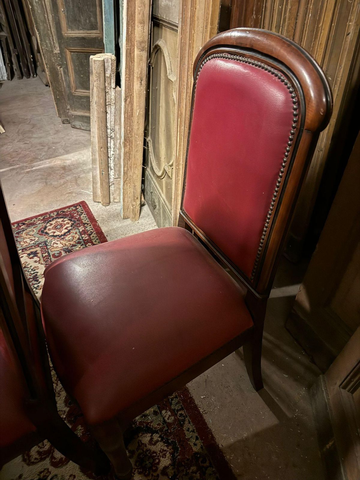 Set Of 6 Walnut Armchairs, Upholstered In Red Leather, From An Italian Theater photo vintage