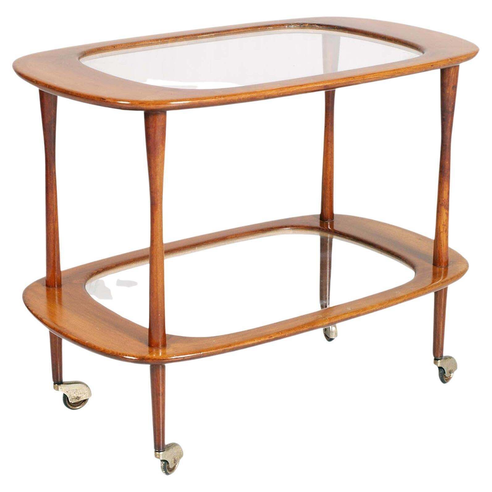 Mid Century Bar Cart By Cesare Lacca For Cassina, In Teack Whis Two Cristal Tops