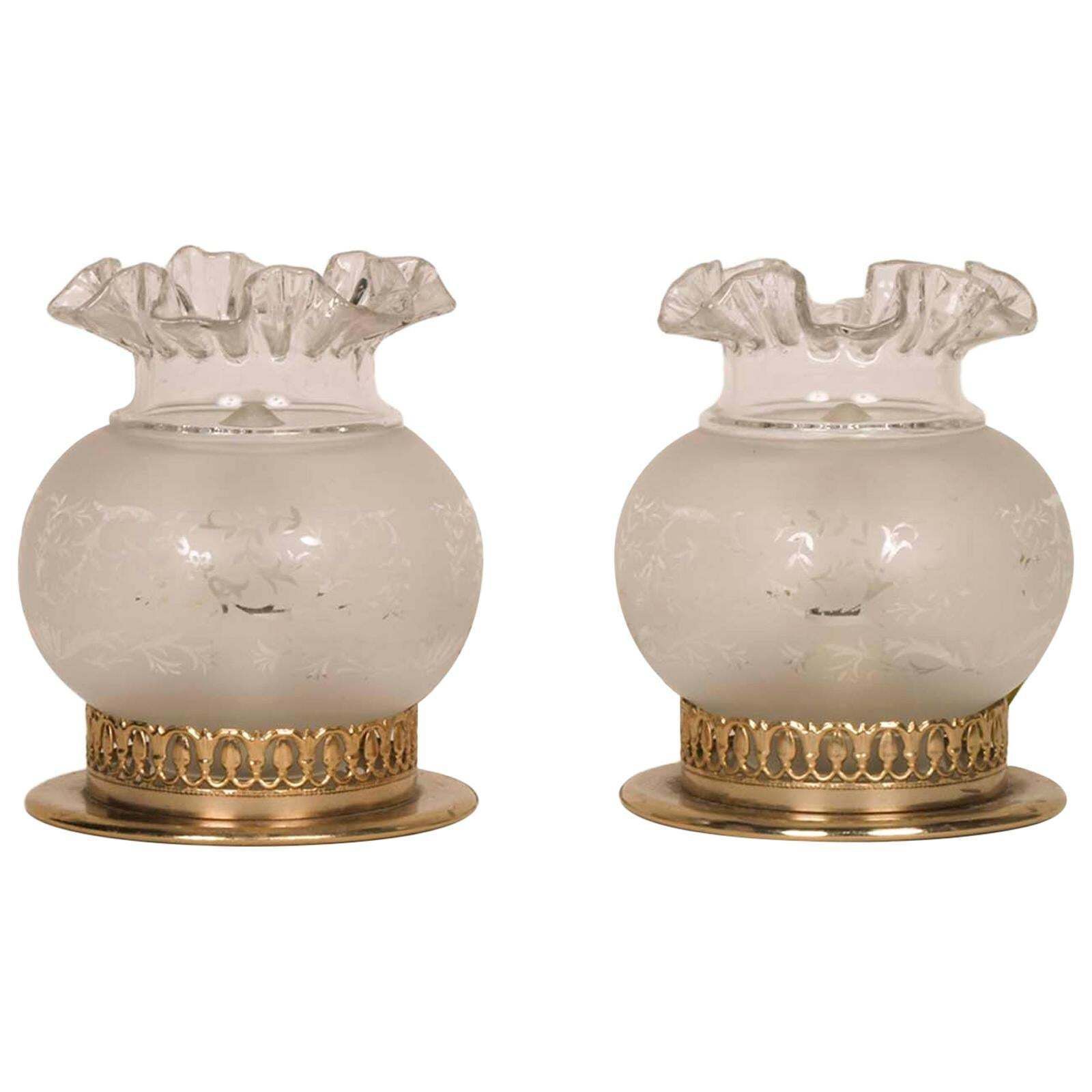 Pair Of Art Nouveau Bedside Table Lamps In Golden Brass & Decorated Murano Glass
