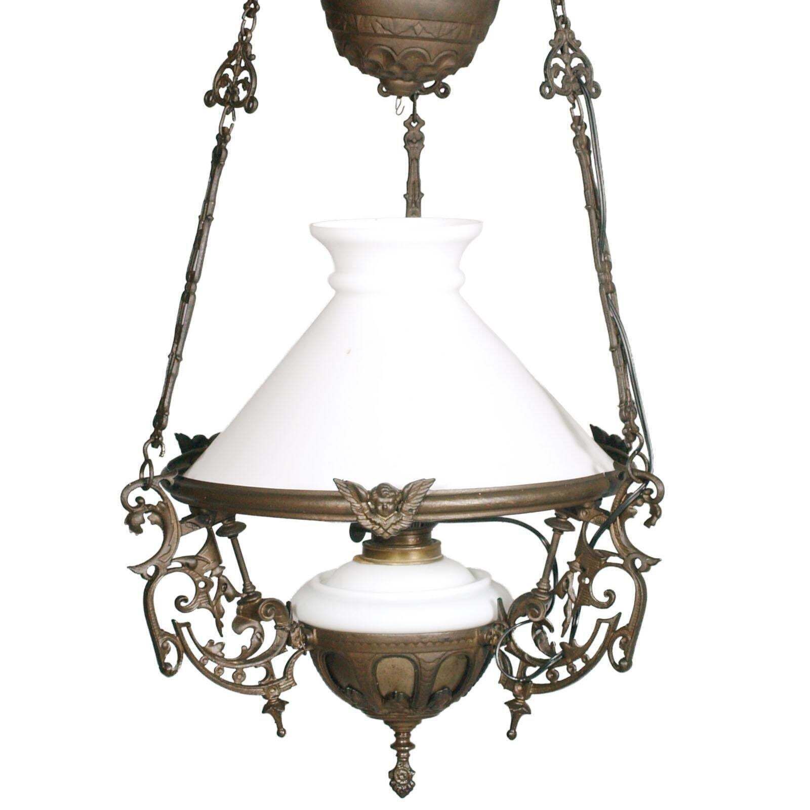 Antique Italian Chandelier, Electrified Old Oil Lamp, Murano Glass & Bronze photo furniture