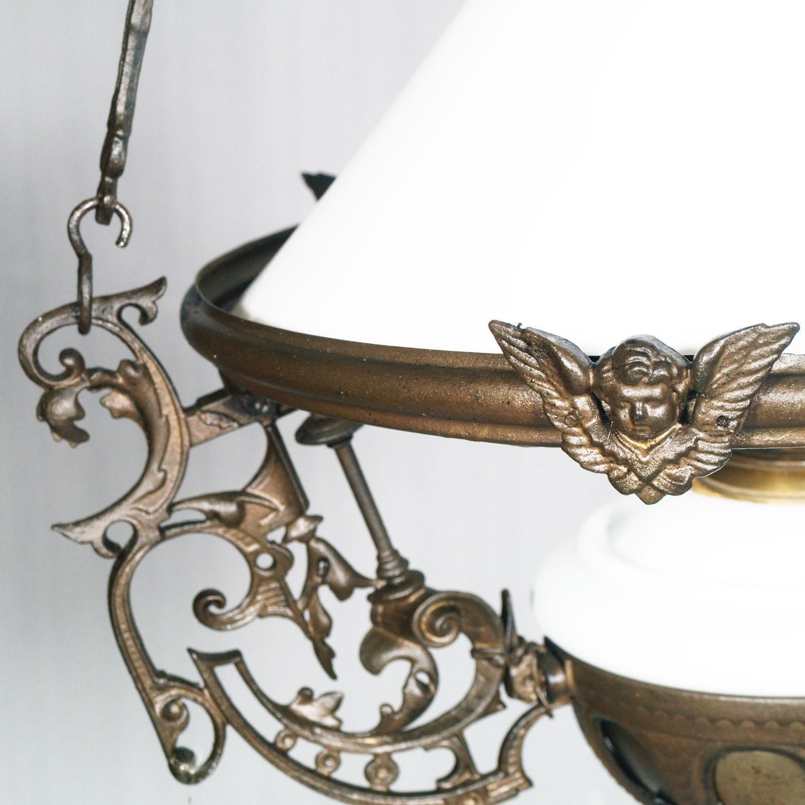 Antique Italian Chandelier, Electrified Old Oil Lamp, Murano Glass & Bronze photo Lighting