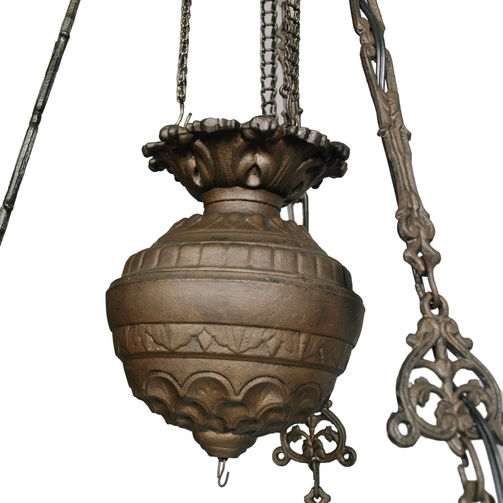 Antique Italian Chandelier, Electrified Old Oil Lamp, Murano Glass & Bronze photo buy
