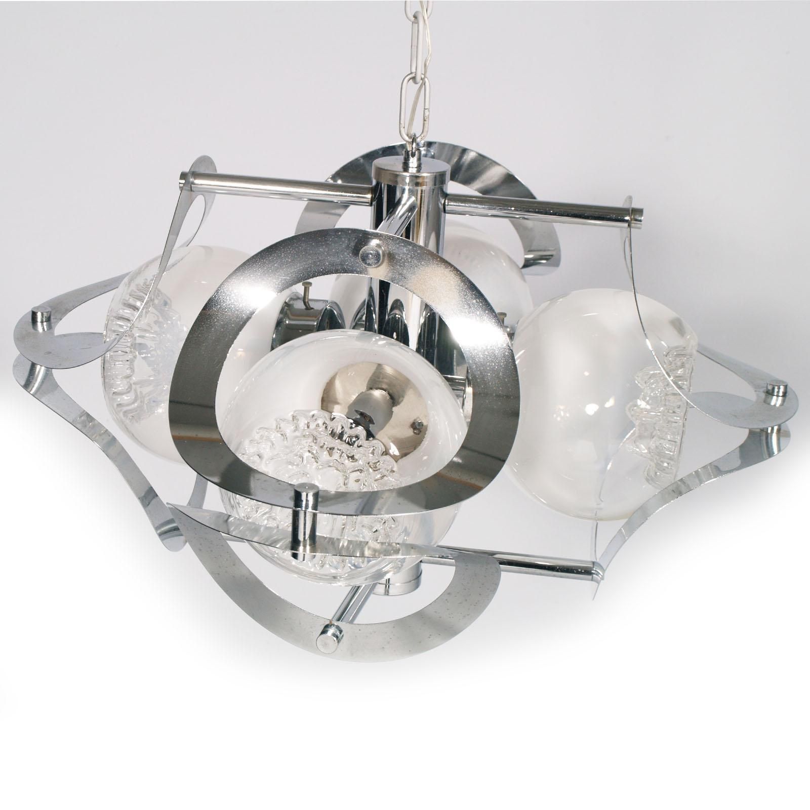 Space Age Mazzega Chandelier In Chromed Steel And Murano Glass, 4 Light photo for sale