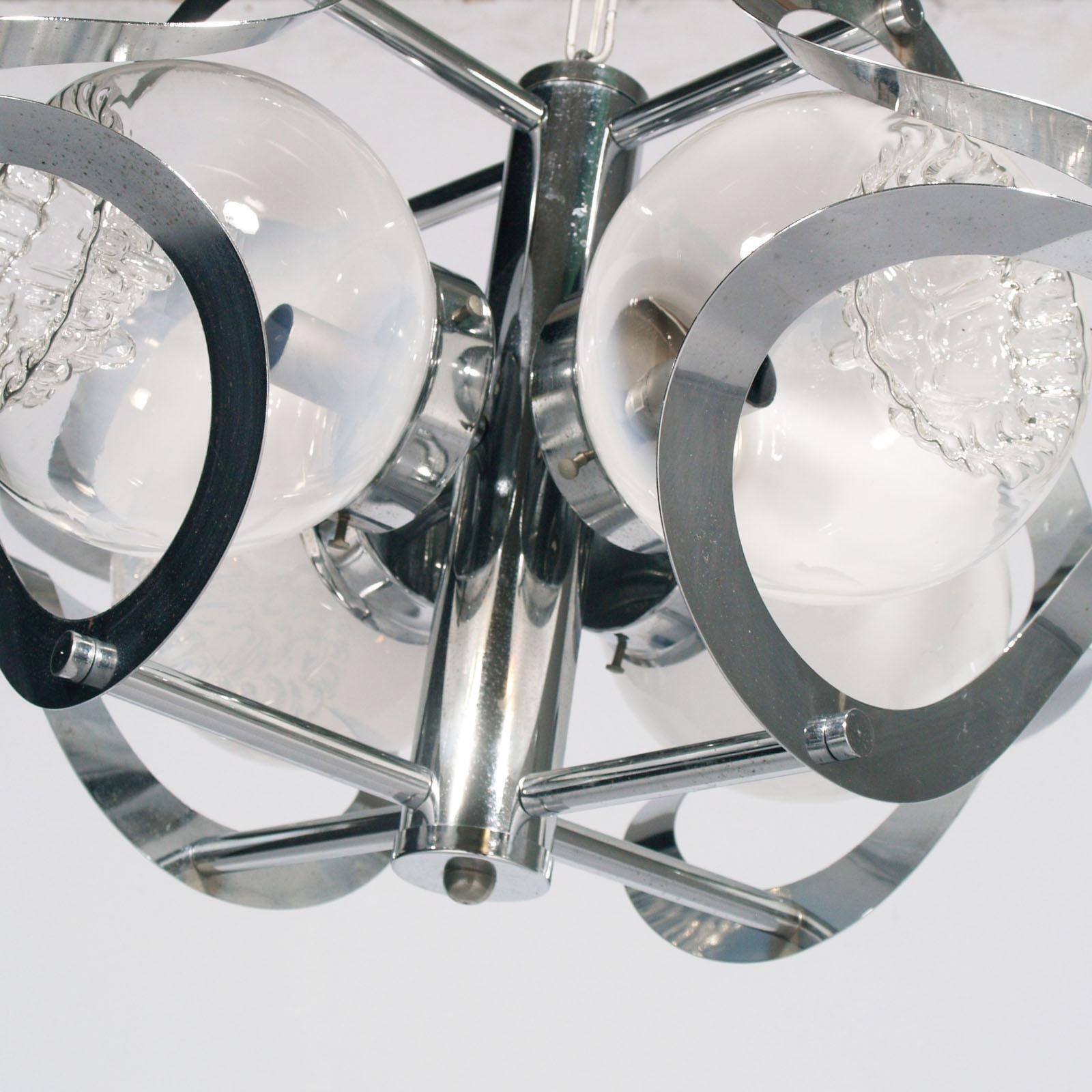 Space Age Mazzega Chandelier In Chromed Steel And Murano Glass, 4 Light photo Lighting