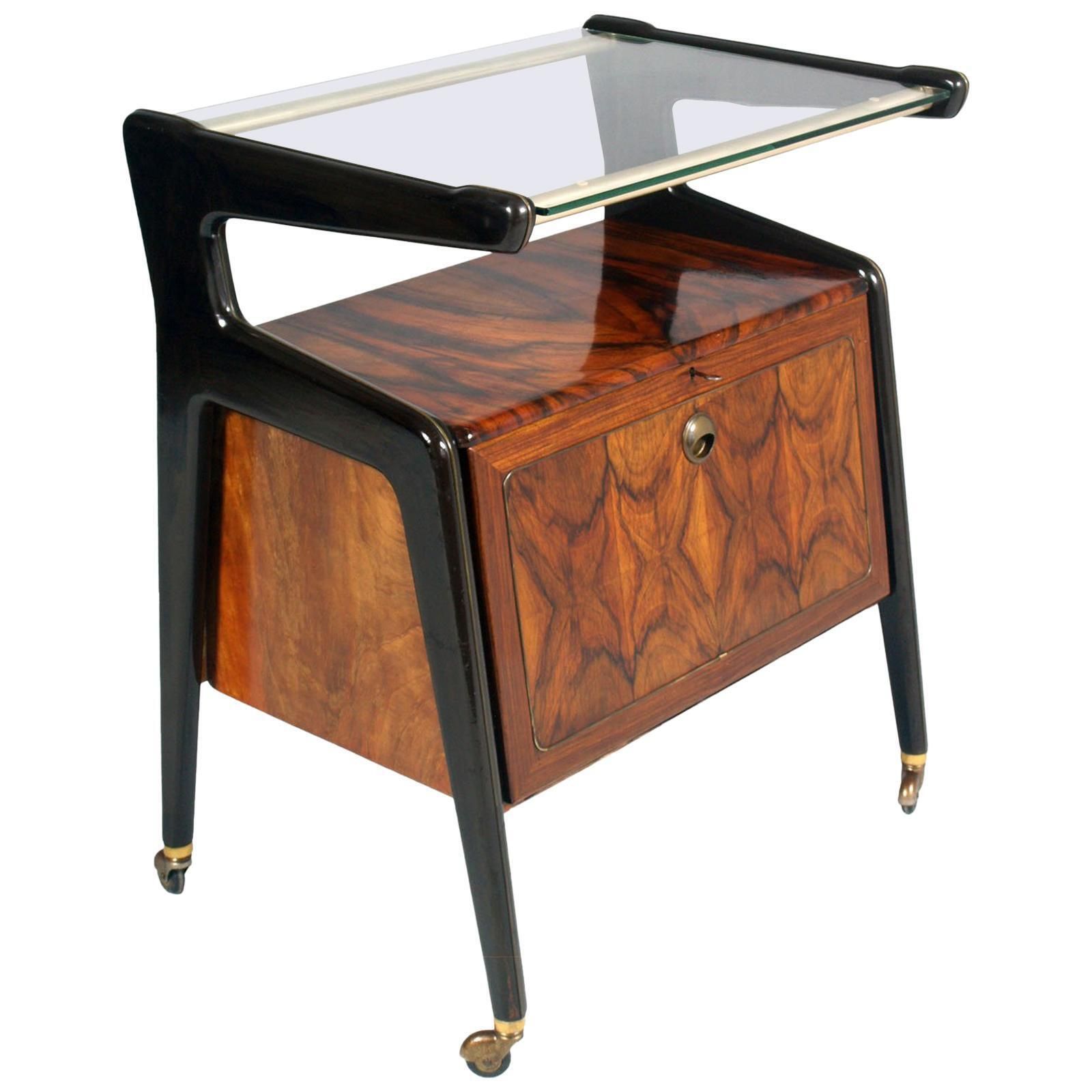 Italy 1950s Cesare Lacca Attributed Dry Bar Cart, Laquered Walnut & Burl Walnut