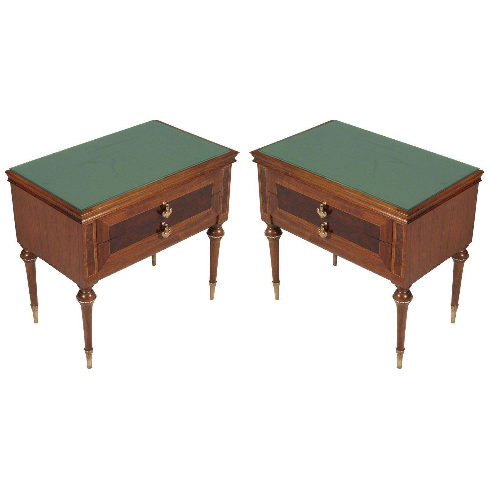 1950s Nightstands, Walnut Bicolor, Burl & Maple Inlaid Golden Brass Accessories
