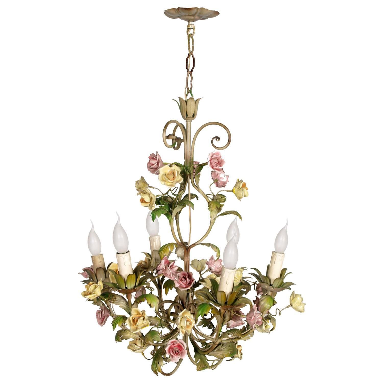 Italian Art Nouveau Ceiling Chandelier Painted Iron & Polychrome Ceramic Bassano