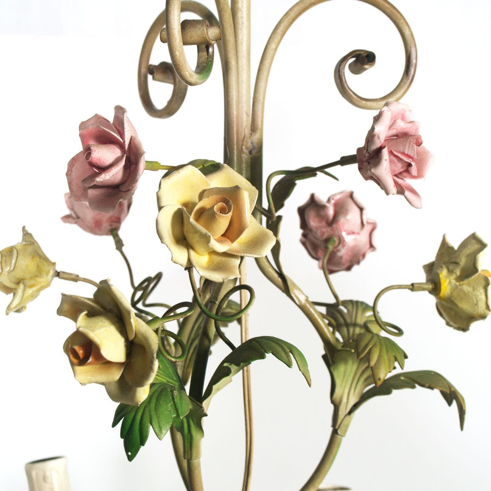 Italian Art Nouveau Ceiling Chandelier Painted Iron & Polychrome Ceramic Bassano photo vinterior