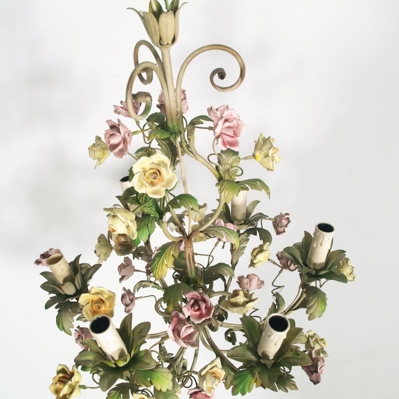 photo for sale Italian Art Nouveau Ceiling Chandelier Painted Iron & Polychrome Ceramic Bassano