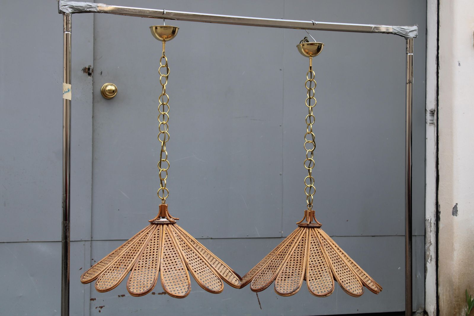 Lighting Decorative Pair Of Bamboo And Brass Chandeliers Italian Design 1950s photo