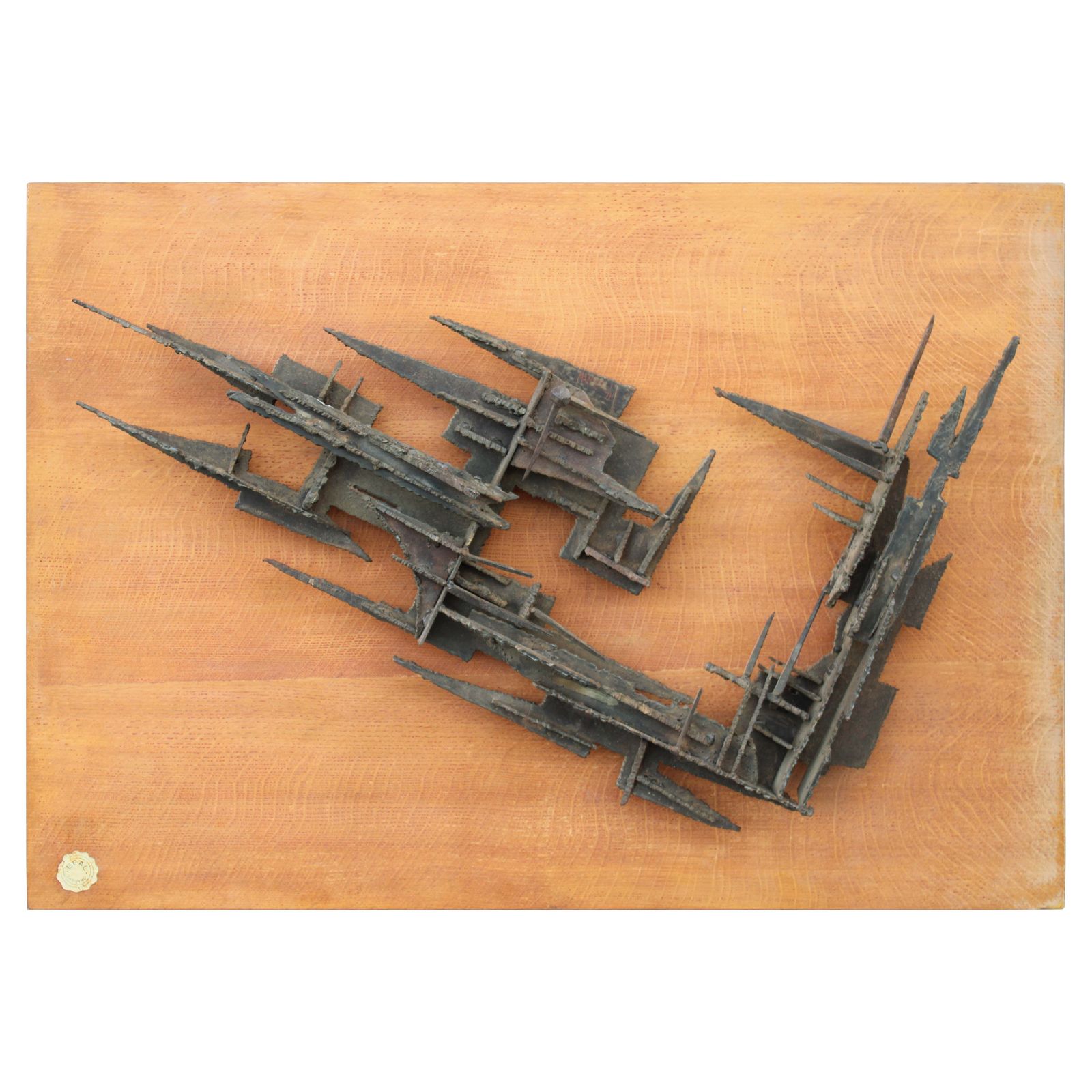 Brutalist Wall Sculpture  Forged Iron 1971 Italy Wooden Panel