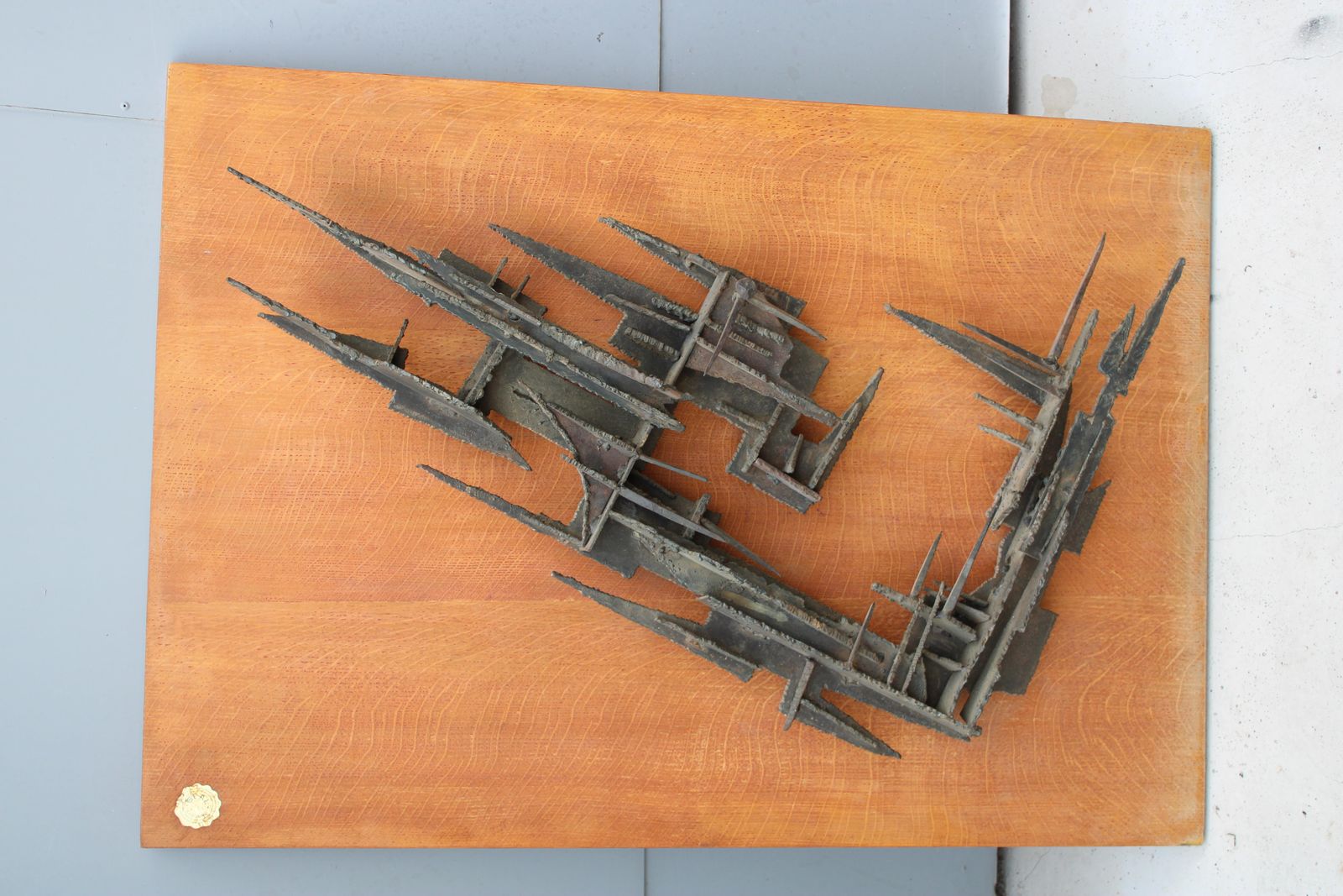 Brutalist Wall Sculpture  Forged Iron 1971 Italy Wooden Panel photo furniture