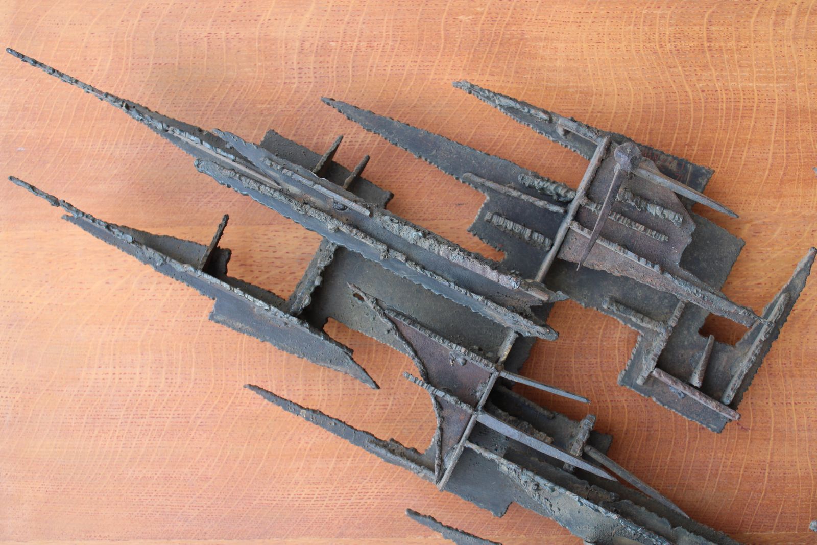 Brutalist Wall Sculpture  Forged Iron 1971 Italy Wooden Panel photo for sale