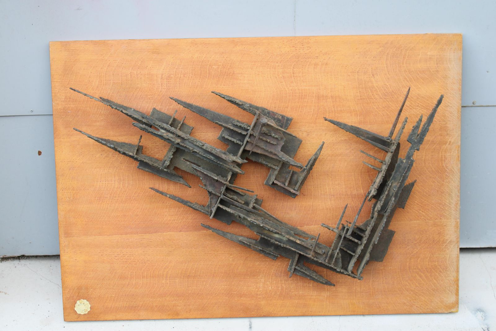 Brutalist Wall Sculpture  Forged Iron 1971 Italy Wooden Panel photo vintage