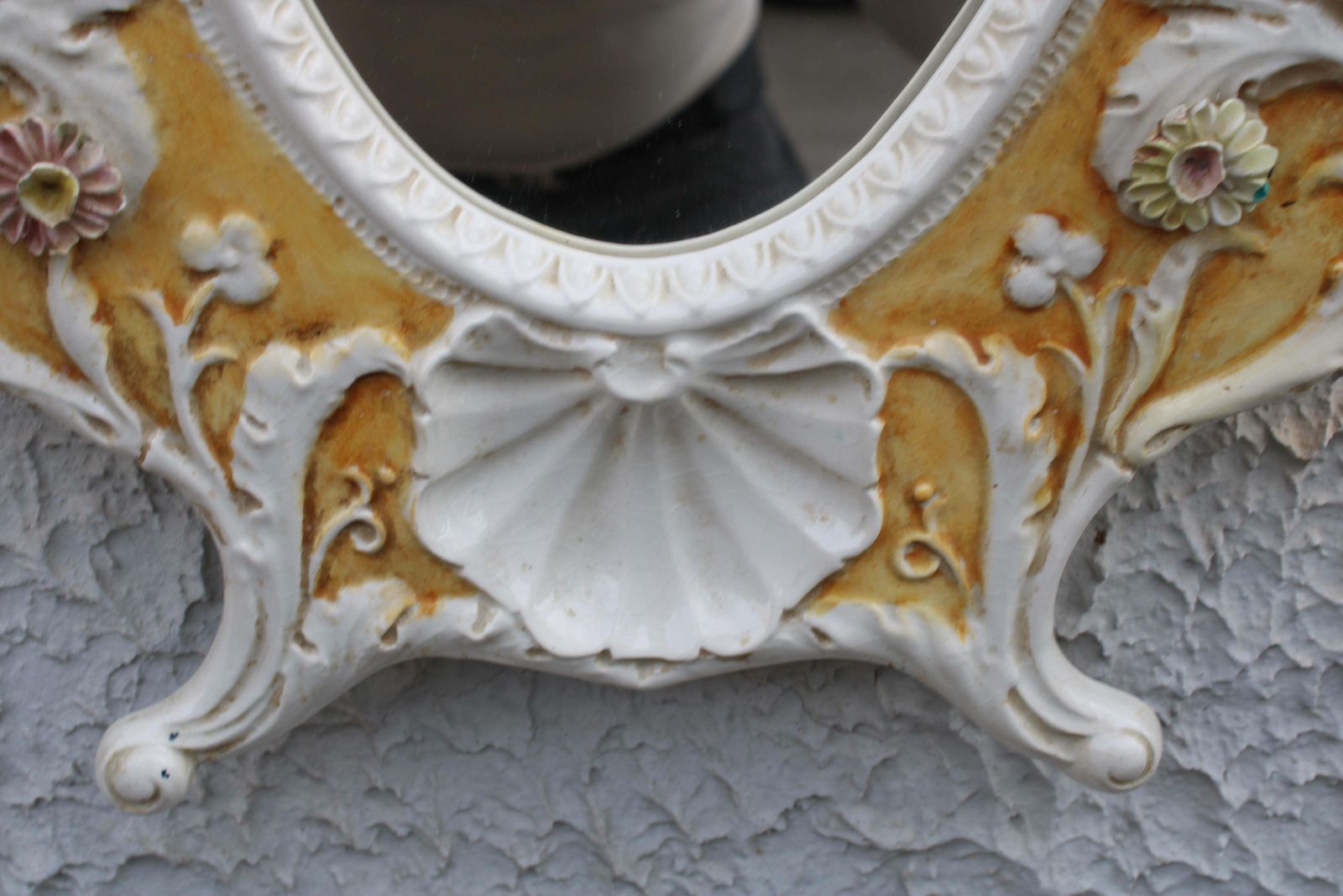 Italian Rococo Style Mirror In 1950s Ceramic White And Yellow photo vinterior