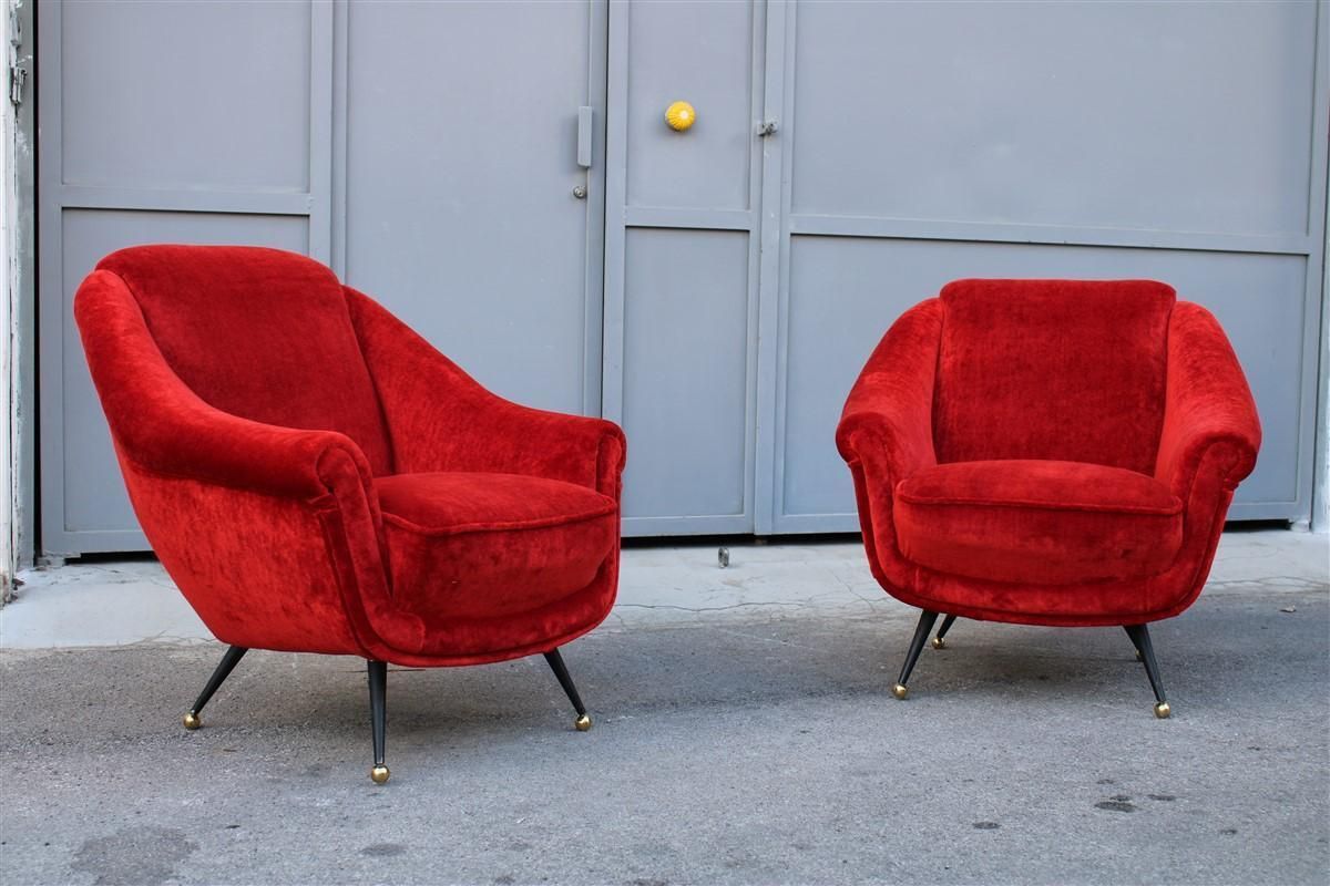 Pair Of Framar 1950s Italy Armchairs Metal And Brass Feet Red Fabric photo furniture