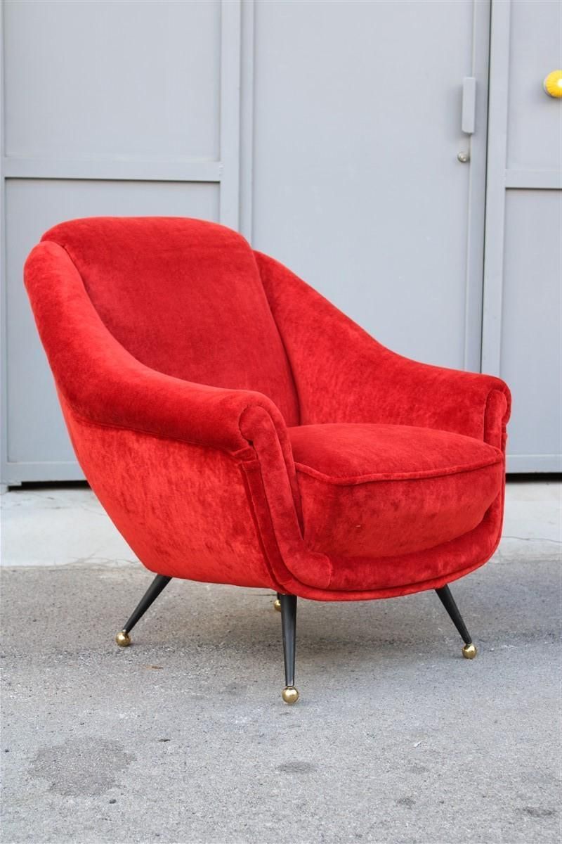 Pair Of Framar 1950s Italy Armchairs Metal And Brass Feet Red Fabric photo Furniture