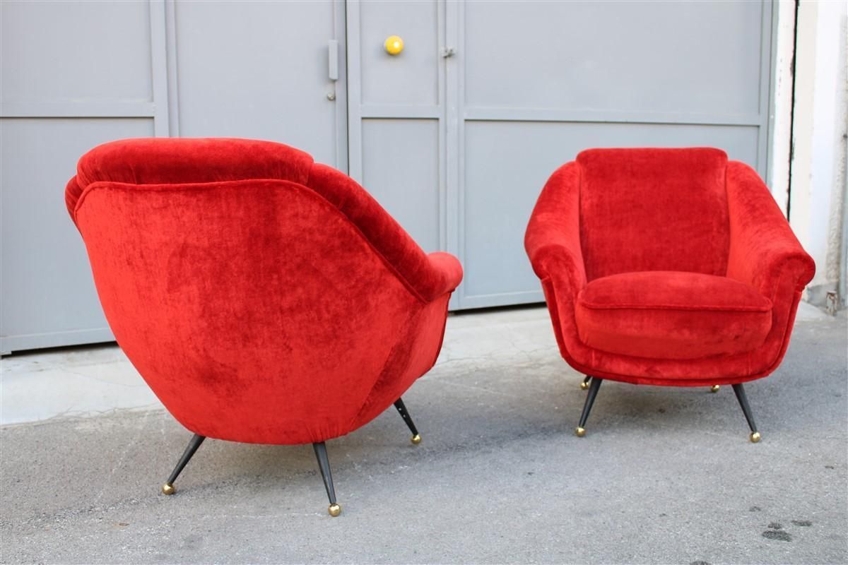 photo for sale Pair Of Framar 1950s Italy Armchairs Metal And Brass Feet Red Fabric