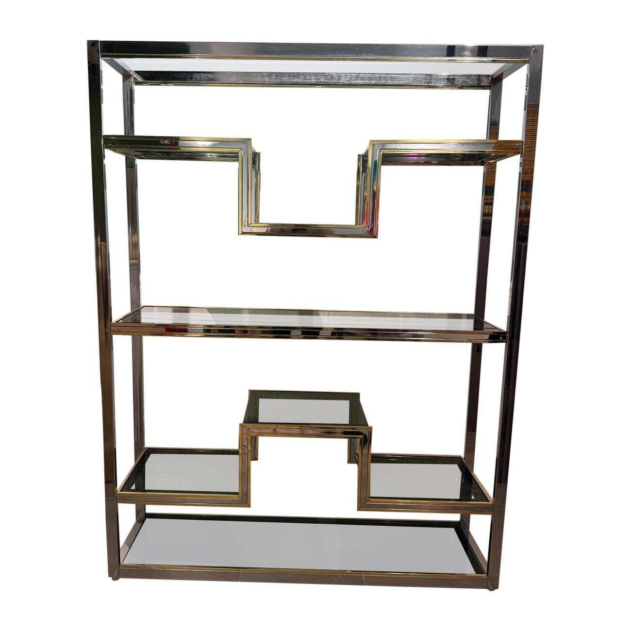 Chrome Metal And Brass Minimalist Bookcase Romeo Rega 1970 Italy
